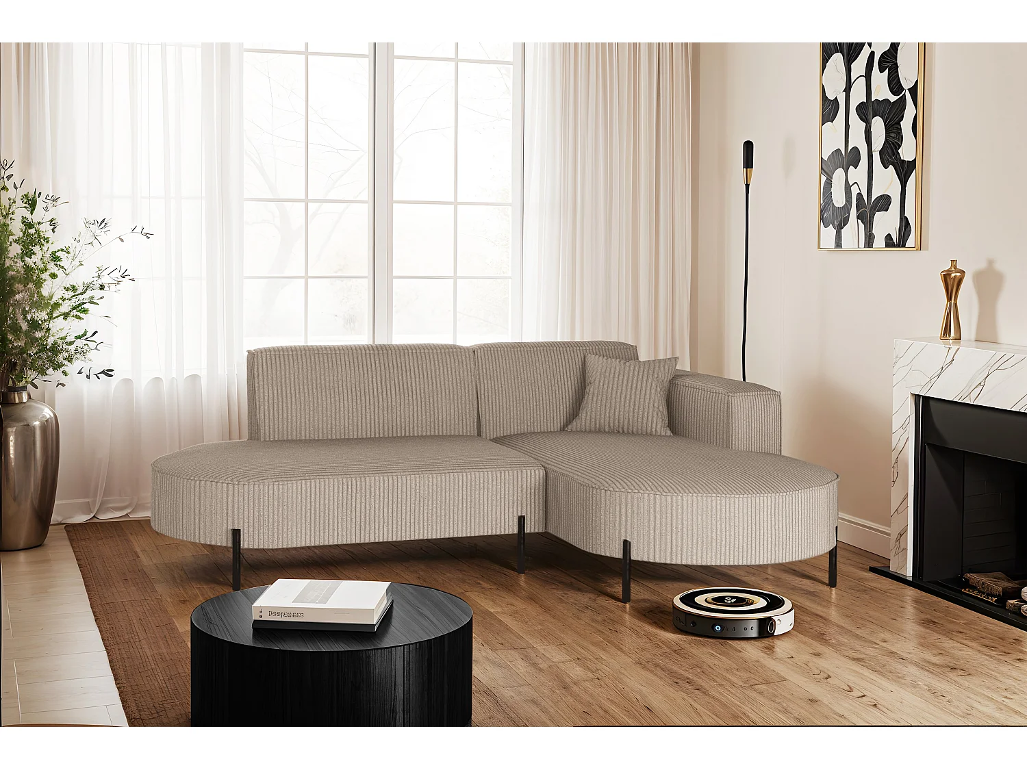 Canapé d'angle, canapé en L, designer Modena, tissu pur Poso, beige foncé, droite