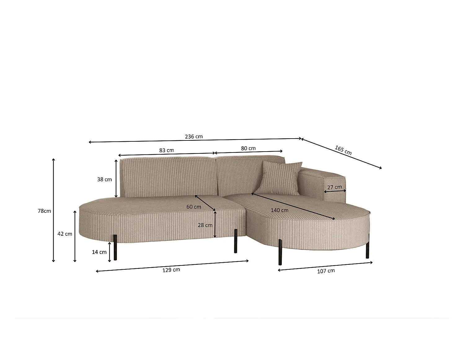 Canapé d'angle, canapé en L, designer Modena, tissu pur Poso, beige foncé, droite