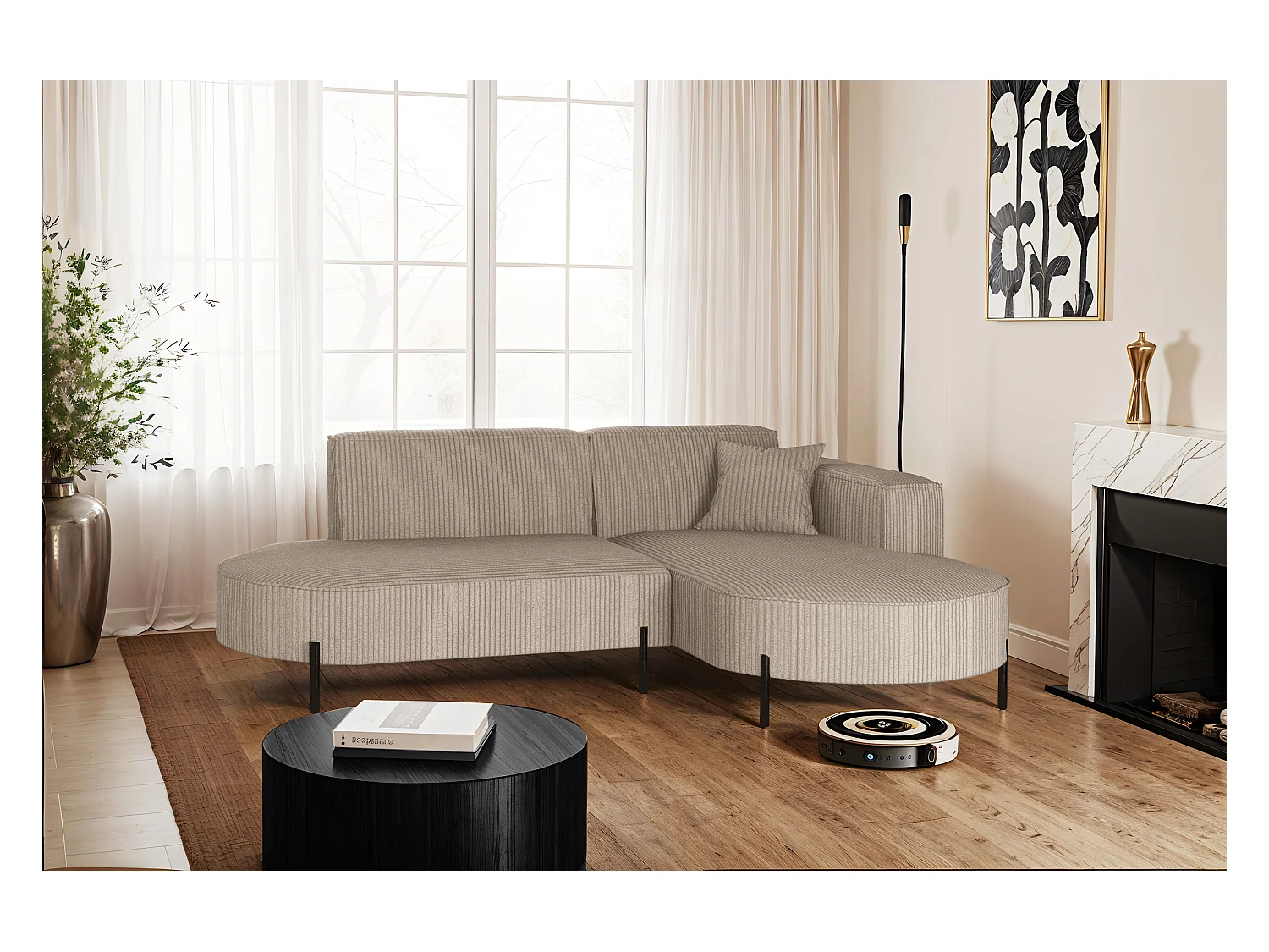 Ecksofa, Sofa L-Form Designer Modena Rein stoff Poso Dunkelbeige Rechts