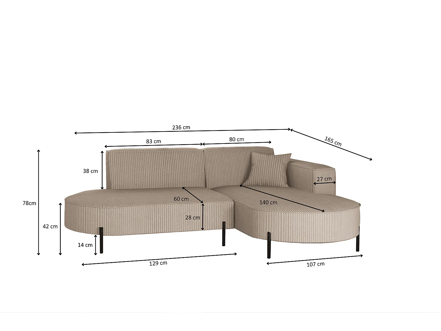 Canapé d'angle, canapé en L, designer Modena, tissu pur Poso, beige foncé, droite