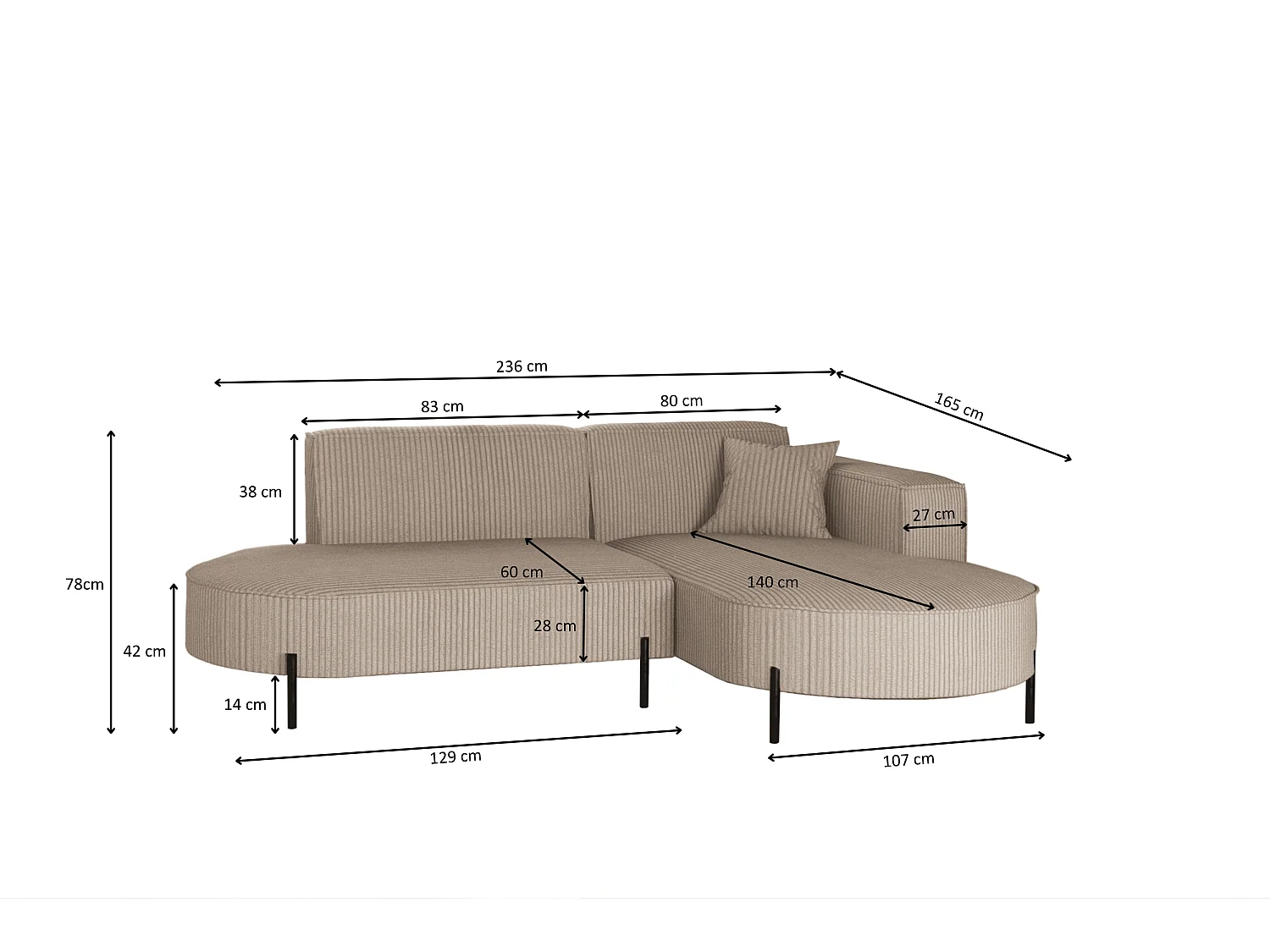 Canapé d'angle, canapé en L, designer Modena, tissu pur Poso, beige foncé, droite