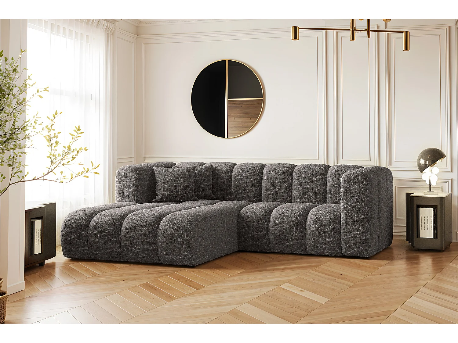 Canapé d'angle, canapé en L Grand modulable tissu Haga Graphite Gauche