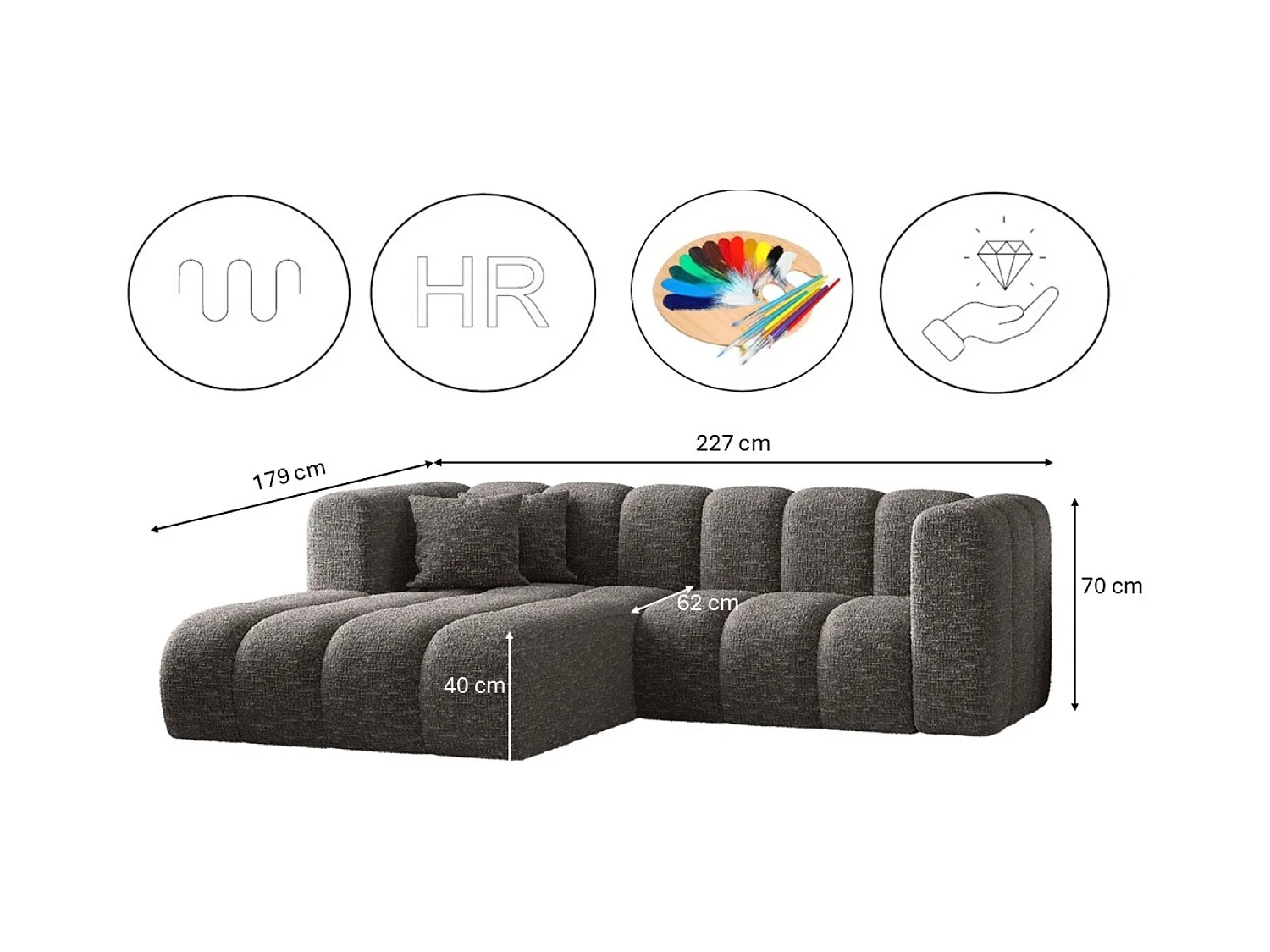 Canapé d'angle, canapé en L Grand modulable tissu Haga Graphite Gauche