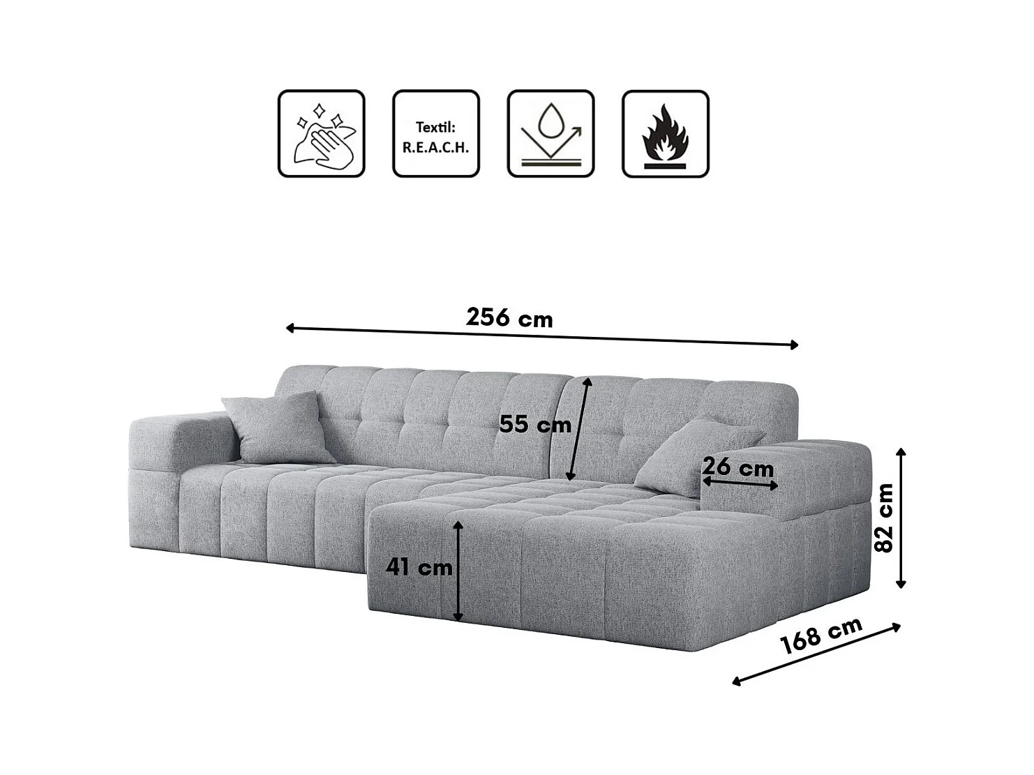Ecksofa Eckouch Wohnzimmer NIMES Stoff Verita Grau Rechts