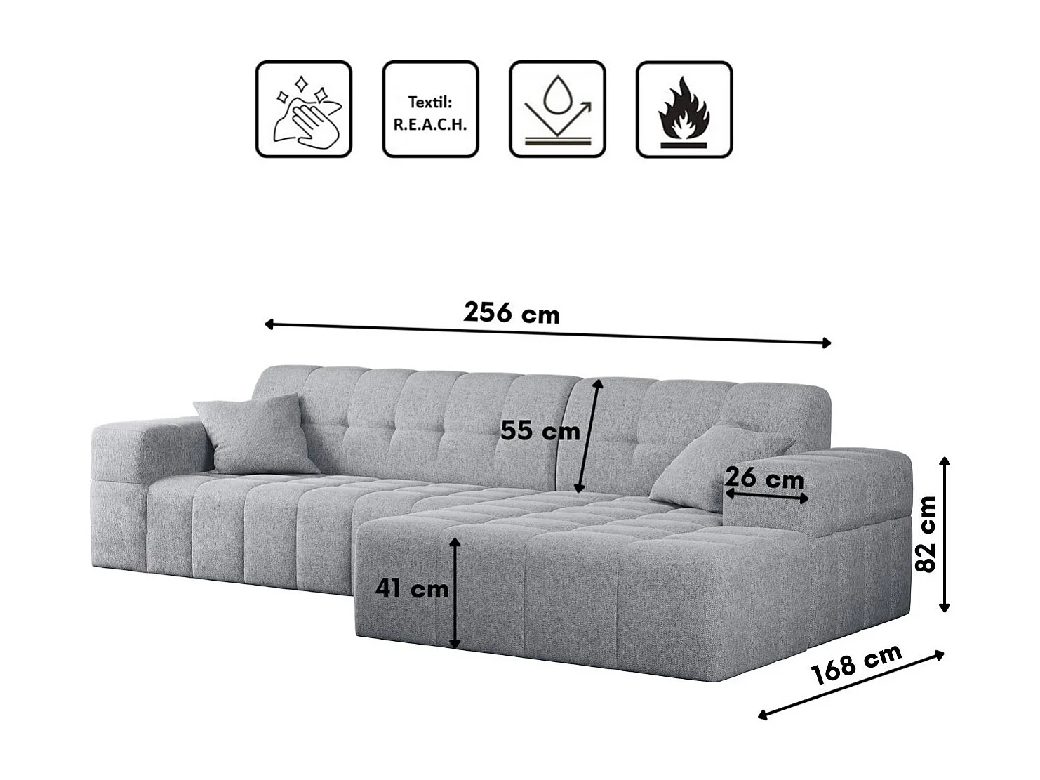 Canapé d'angle Eckouch salon NIMES tissu Verita Gris Droit