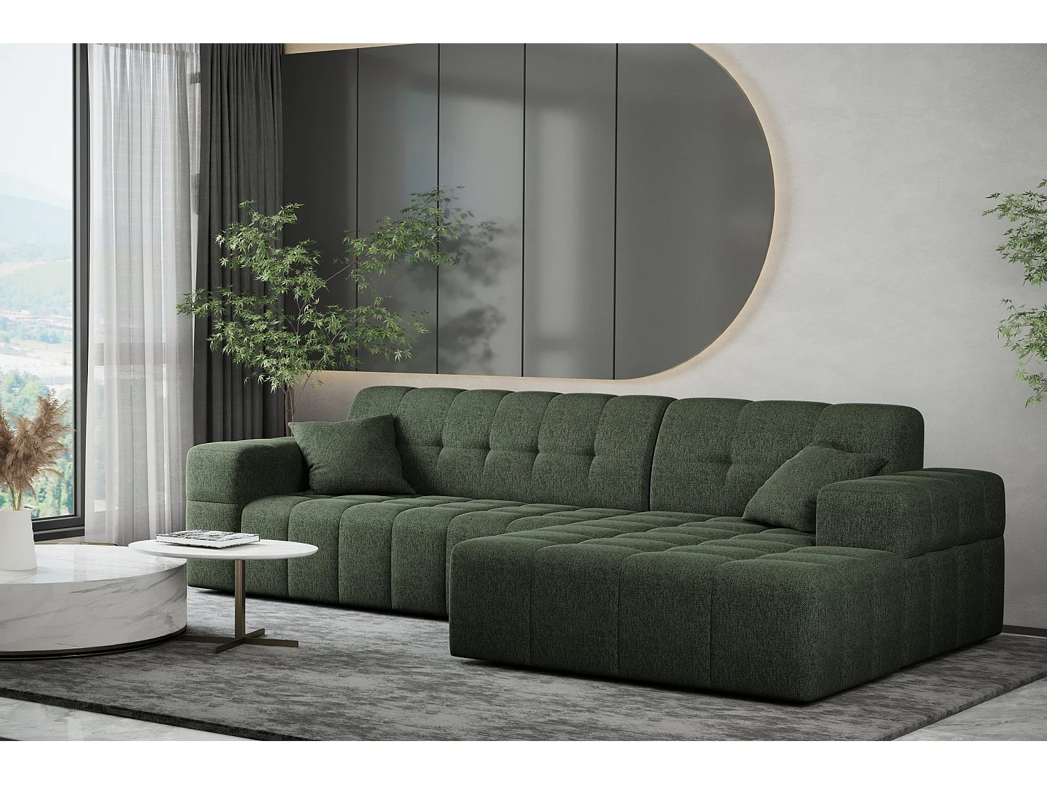Ecksofa Eckouch Wohnzimmer NIMES Stoff Verita Dunkelgrün Rechts