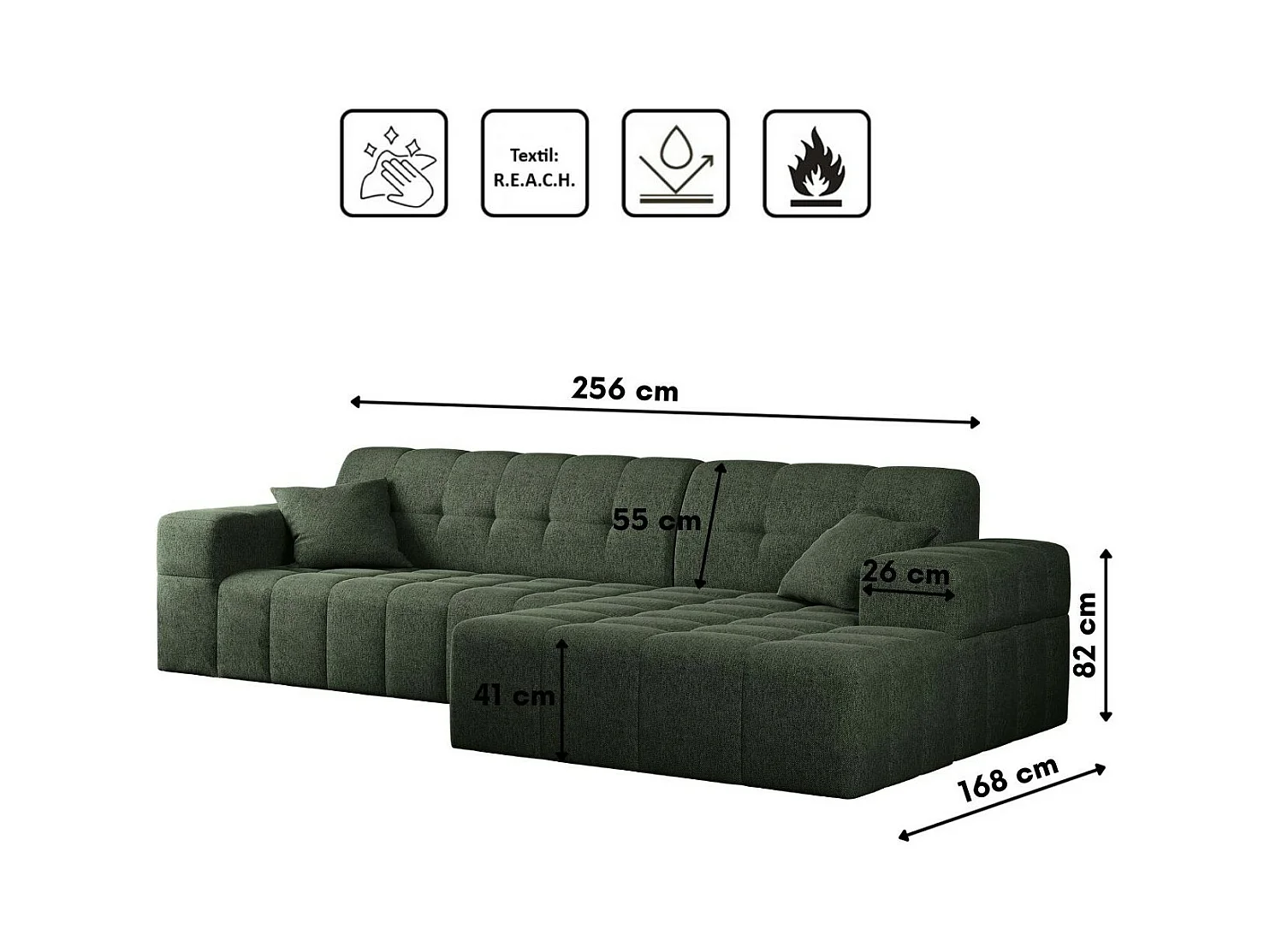 Ecksofa Eckouch Wohnzimmer NIMES Stoff Verita Dunkelgrün Rechts