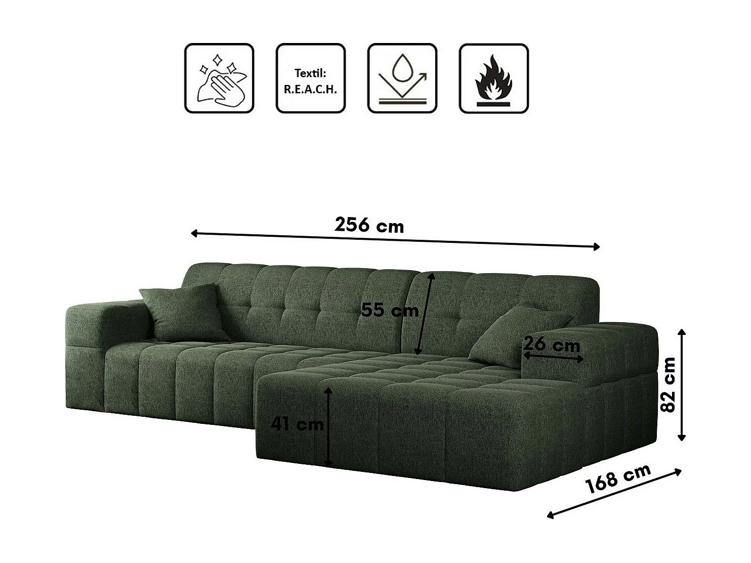 Canapé d'angle Eckouch salon NIMES tissu Verita vert foncé droit