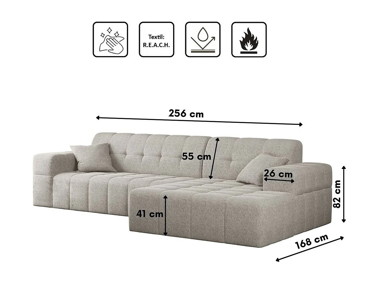 Canapé d'angle Eckouch salon NIMES tissu Verita Beige Droit