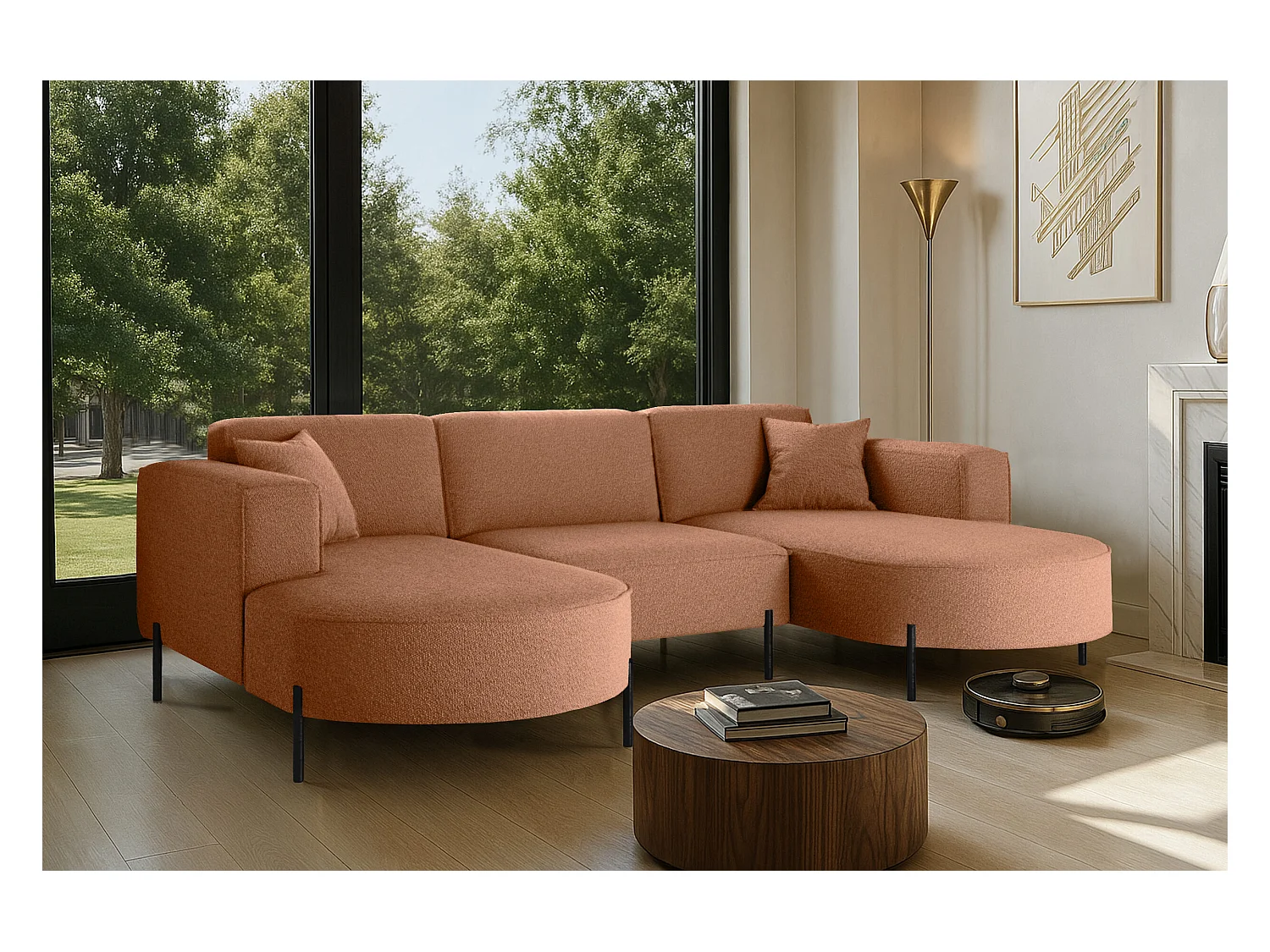 Ecksofa, Sofa Designer Modena U Rein stoff Quelle Kupfer