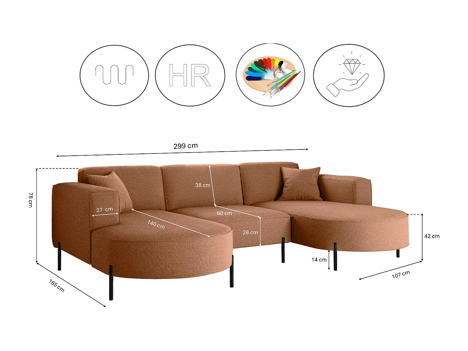 Canapé d'angle, Canapé Designer Modena U Pure tissu Source Copper