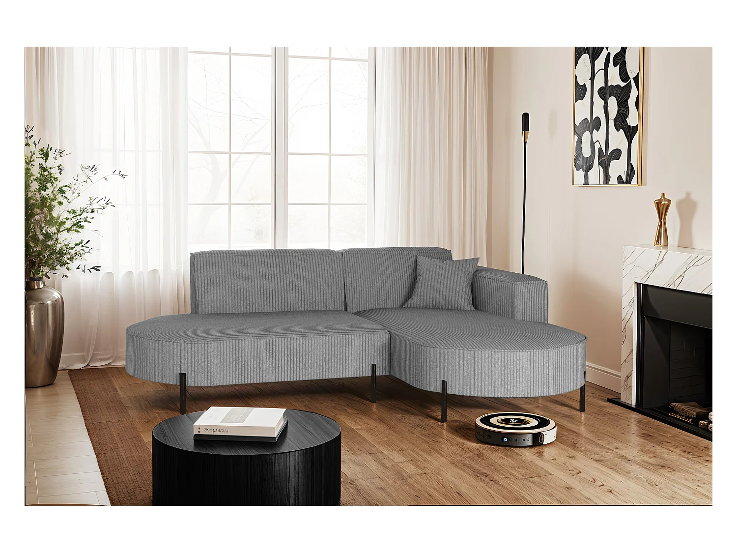 Canapé d'angle, canapé en L, designer Modena, tissu pur, Poso Silver, droite