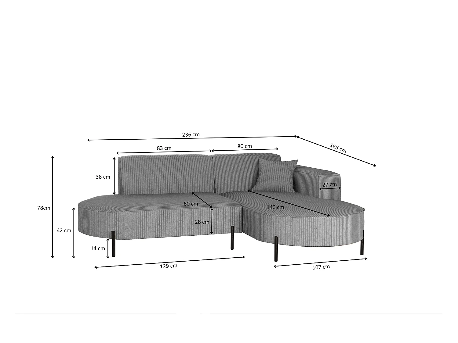 Canapé d'angle, canapé en L, designer Modena, tissu pur, Poso Silver, droite