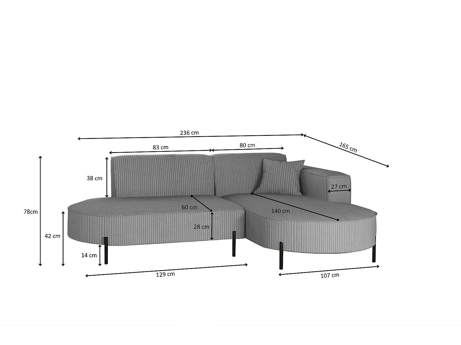 Canapé d'angle, canapé en L, designer Modena, tissu pur, Poso Silver, droite