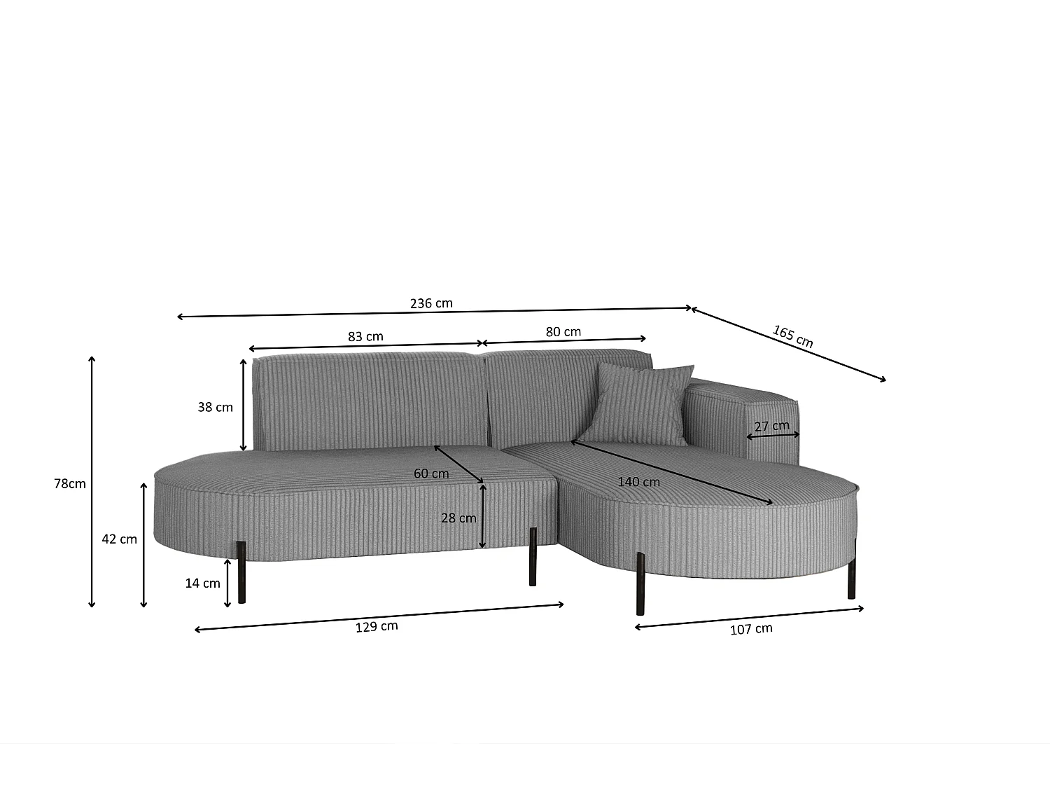 Canapé d'angle, canapé en L, designer Modena, tissu pur, Poso Silver, droite