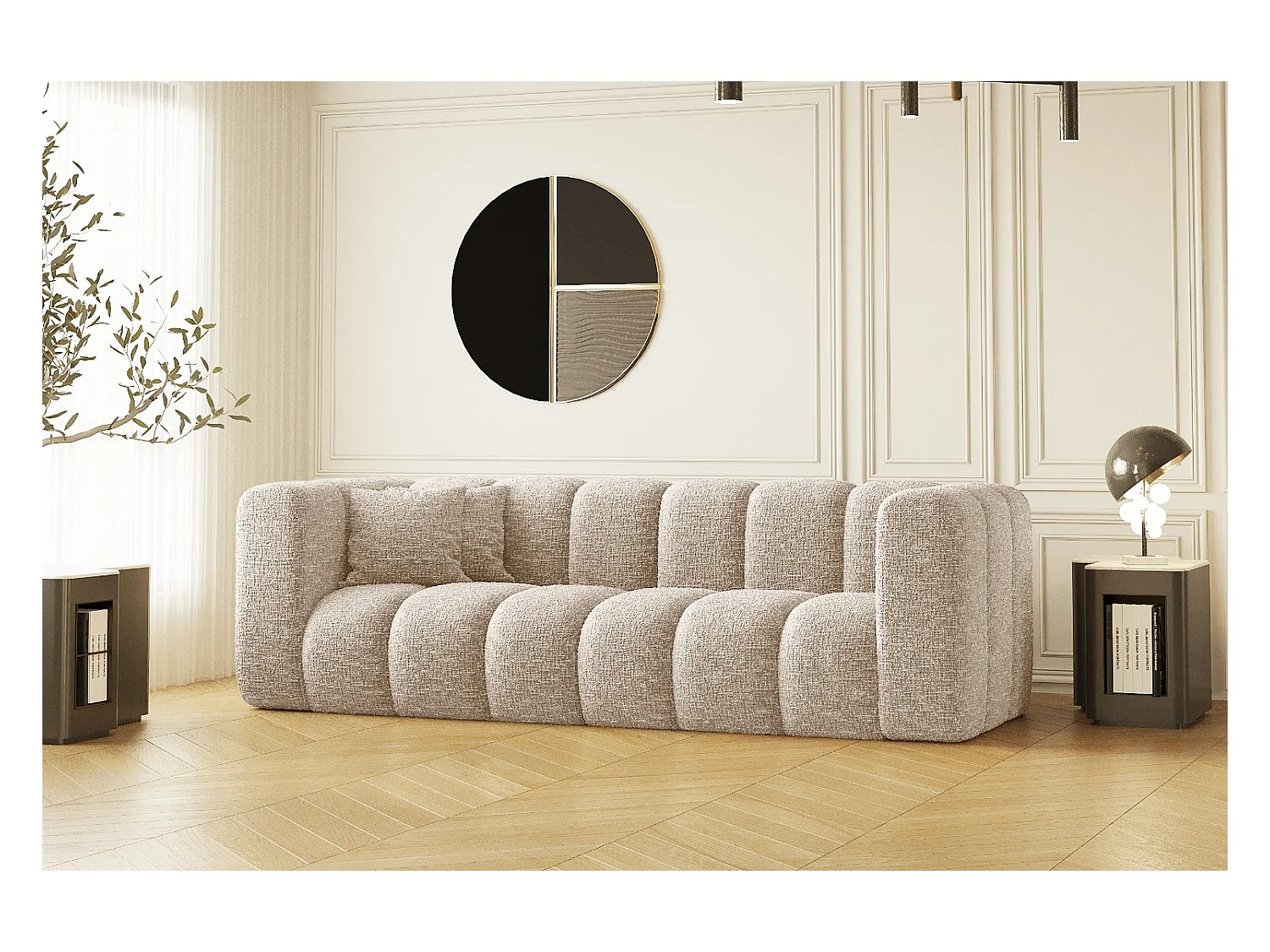 Couch, Dreisitzer-Sofa Grand Modular Stoff Haga Ecru