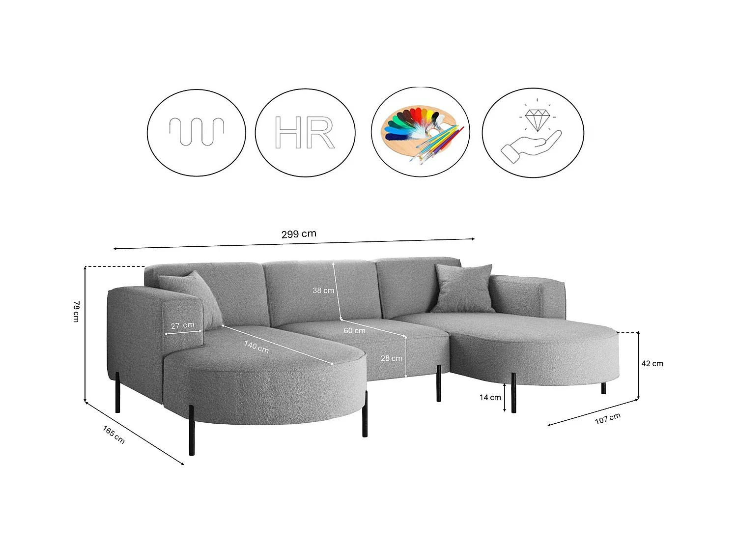 Canapé d'angle, Canapé Designer Modena U Pure tissu Quelle Gris