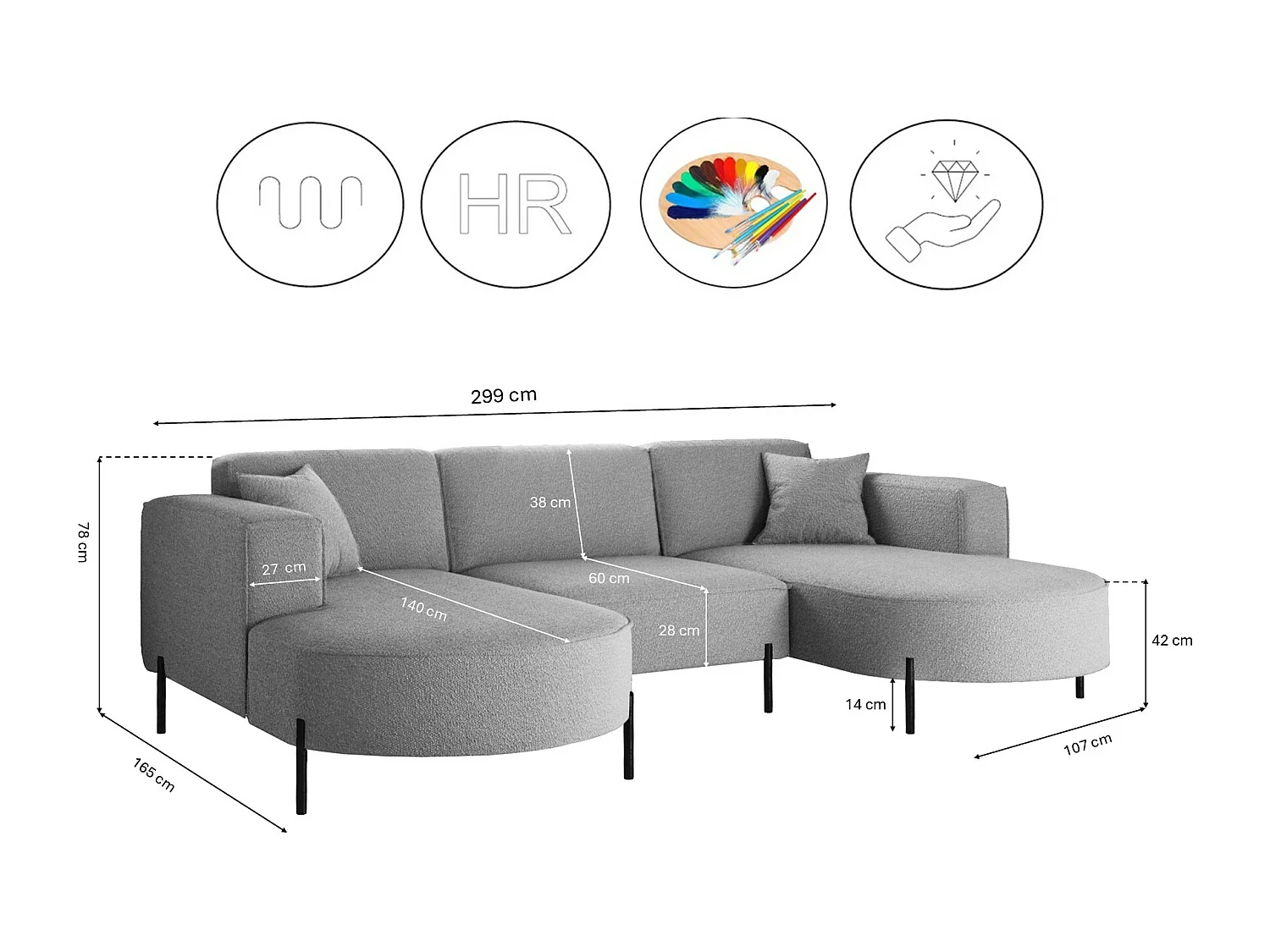 Canapé d'angle, Canapé Designer Modena U Pure tissu Quelle Gris