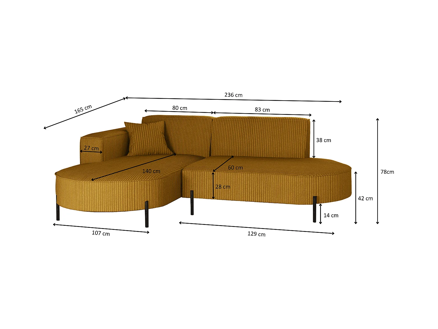 Canapé d'angle, canapé en L design Modena tissu pur Poso couleur moutarde Gauche