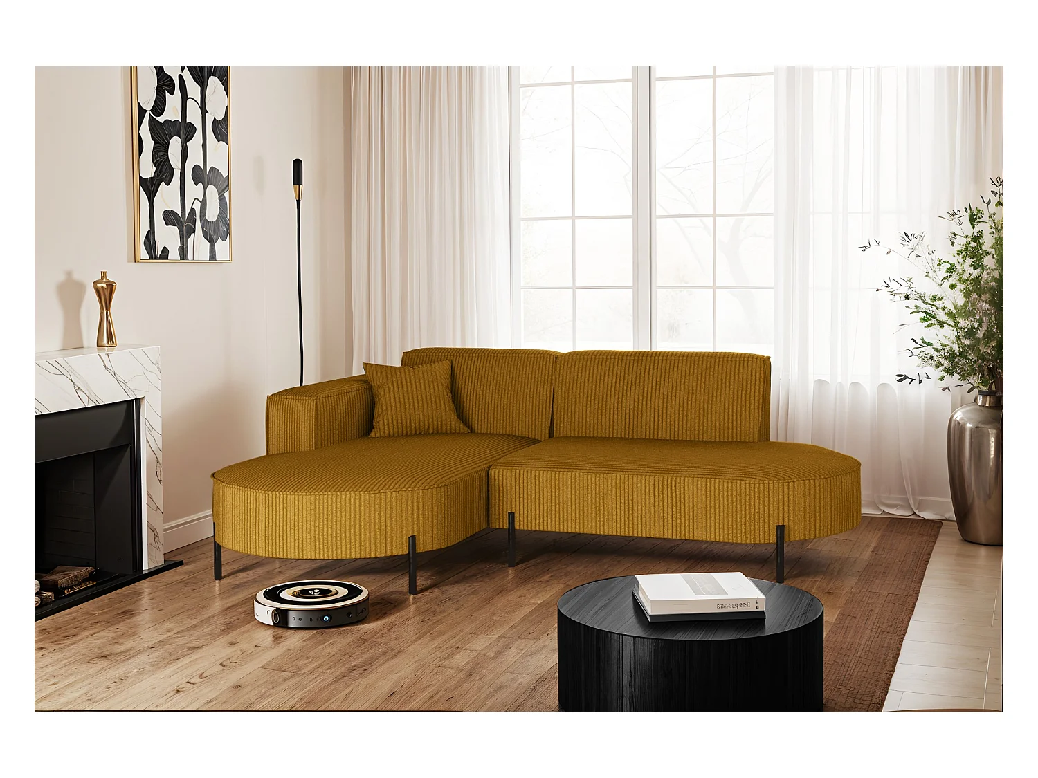 Ecksofa, Sofa L-Form Designer Modena Rein stoff Poso Senffarbe Links