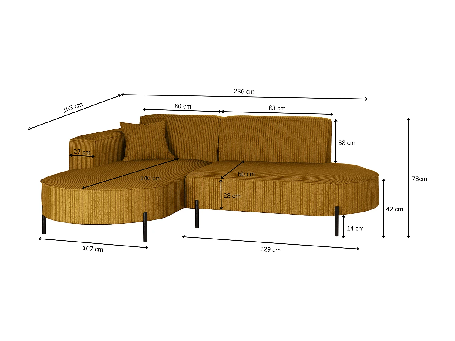 Canapé d'angle, canapé en L design Modena tissu pur Poso couleur moutarde Gauche