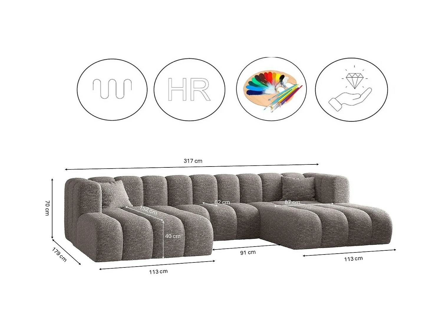 Ecksofa, U-form Sofa Grand modular stoff Haga Grau