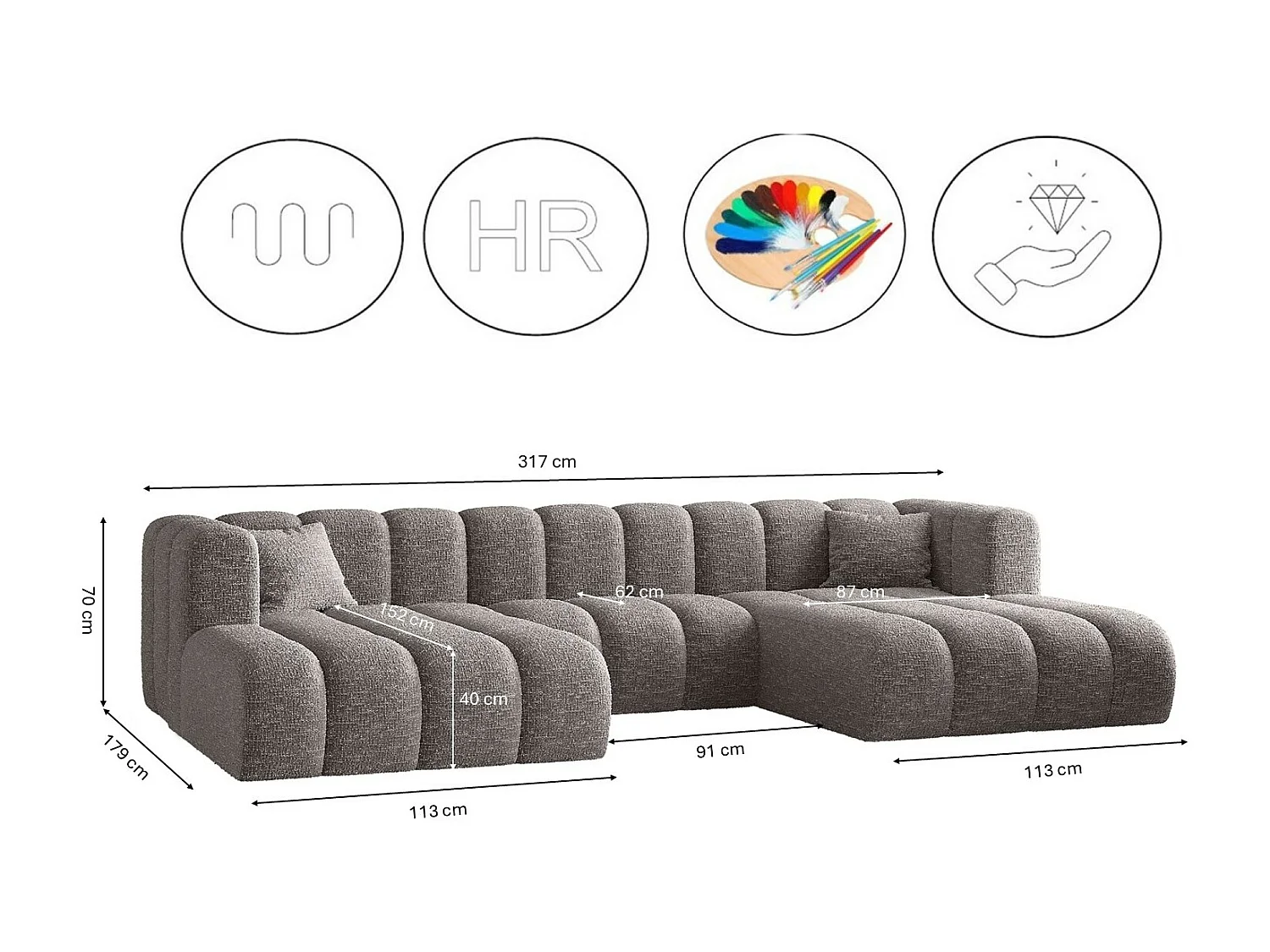 Ecksofa, U-form Sofa Grand modular stoff Haga Grau
