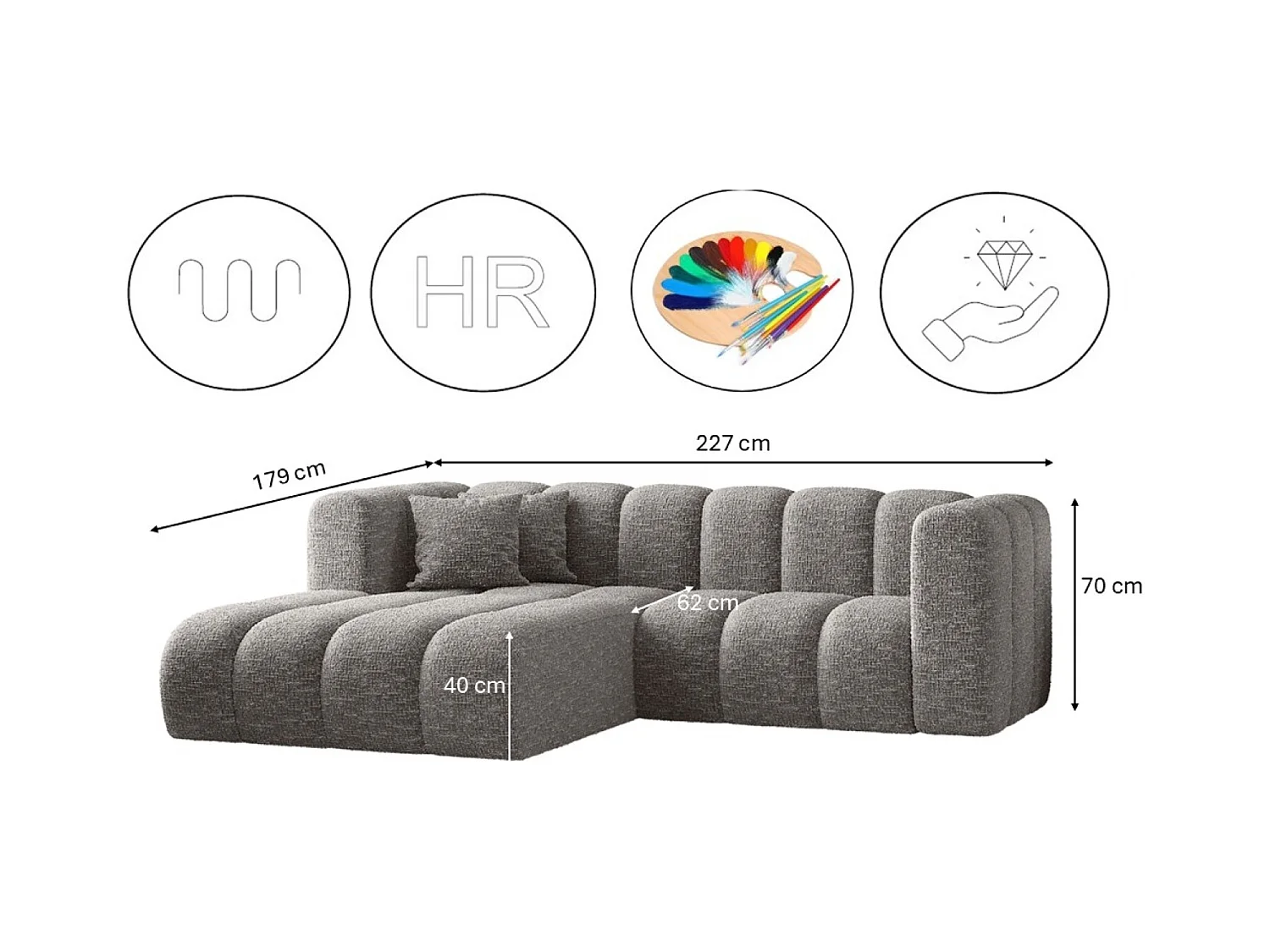 Canapé d'angle, canapé en L Grand modulable tissu Haga Gris Gauche