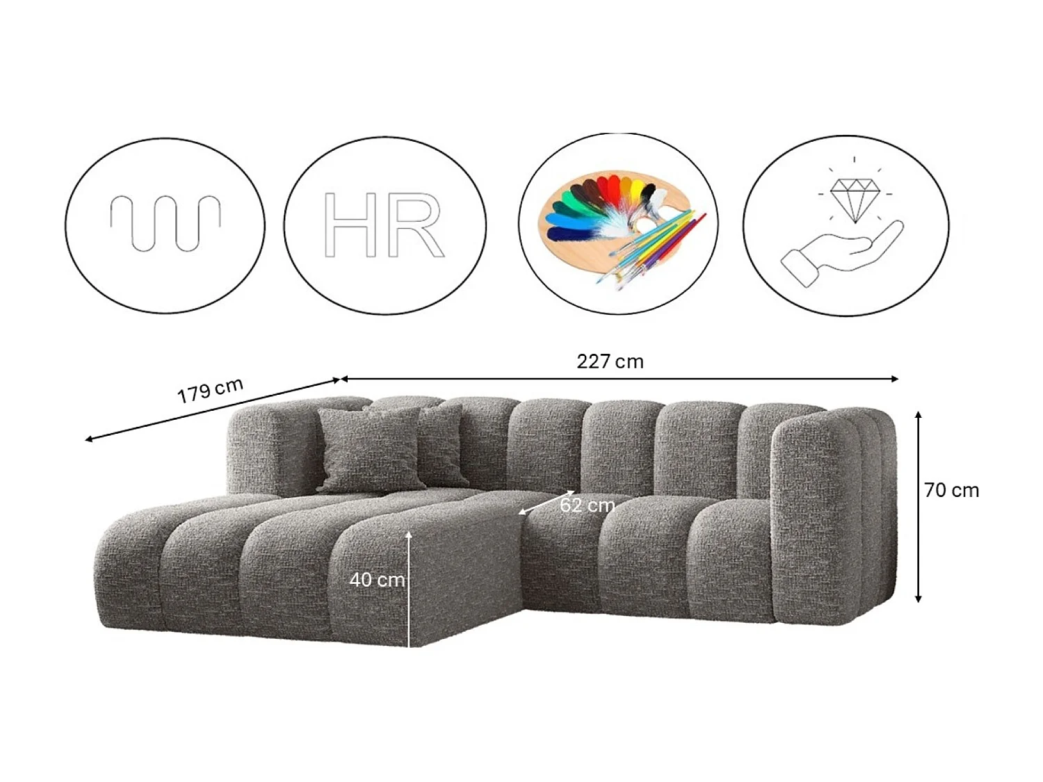 Canapé d'angle, canapé en L Grand modulable tissu Haga Gris Gauche