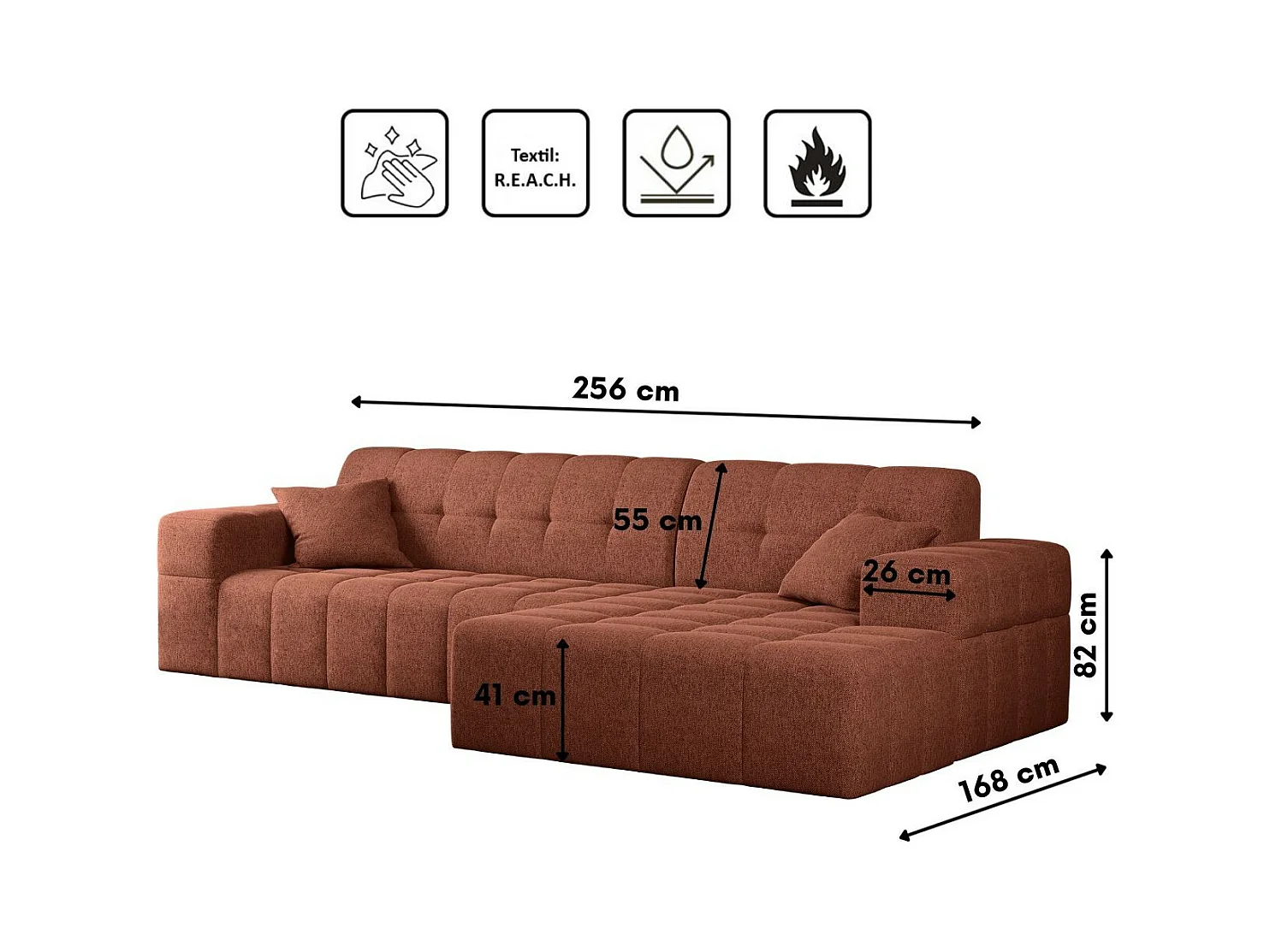 Ecksofa Eckouch Wohnzimmer NIMES Stoff Verita Kupfer Rechts