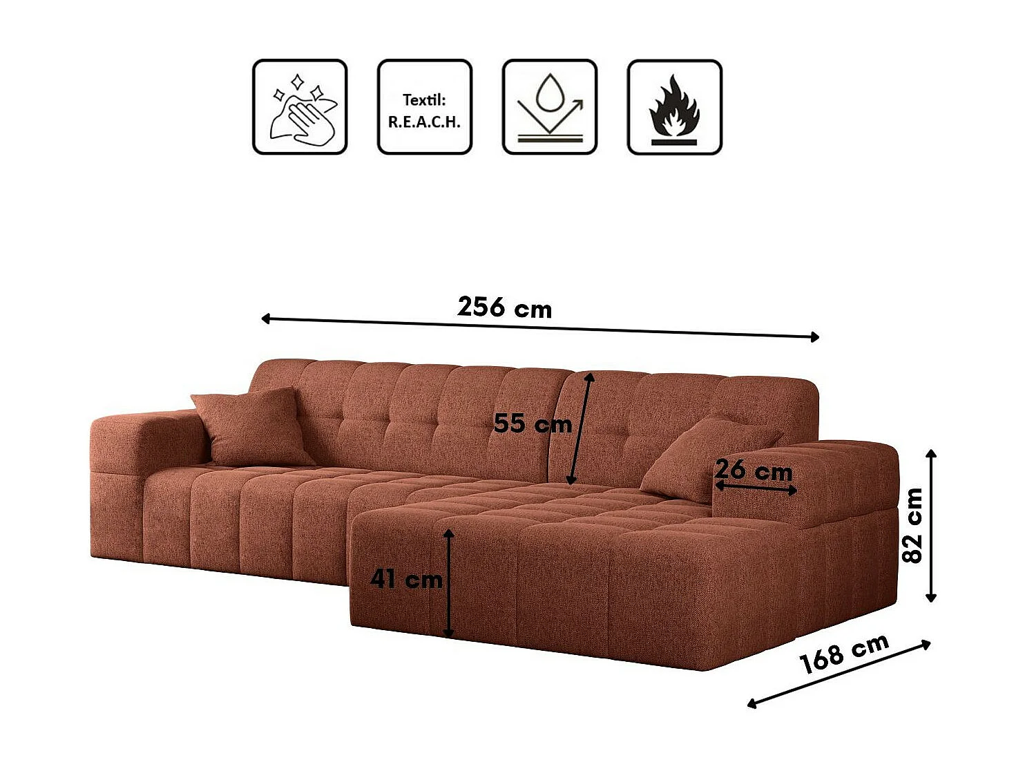 Ecksofa Eckouch Wohnzimmer NIMES Stoff Verita Kupfer Rechts