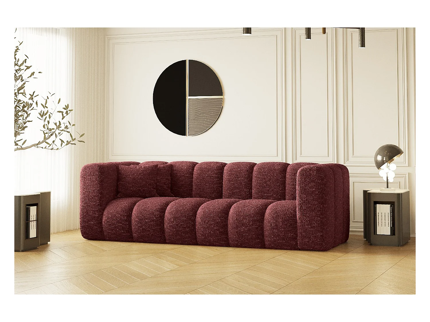 Couch, Dreisitzer-Sofa Grand Modular Stoff Haga Rotwein