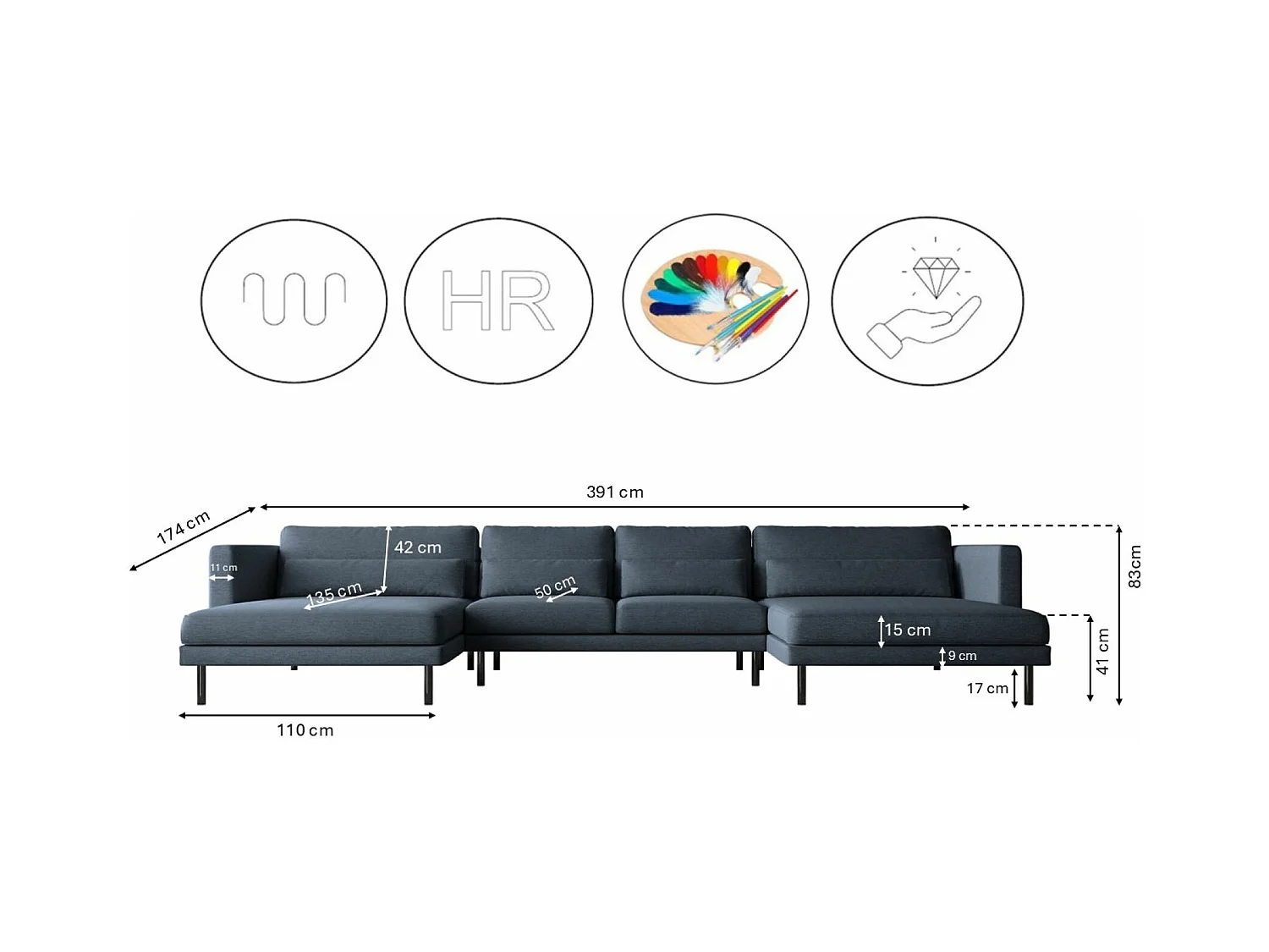 Canapé d'angle en U DANI en tissu Verita, bleu marine