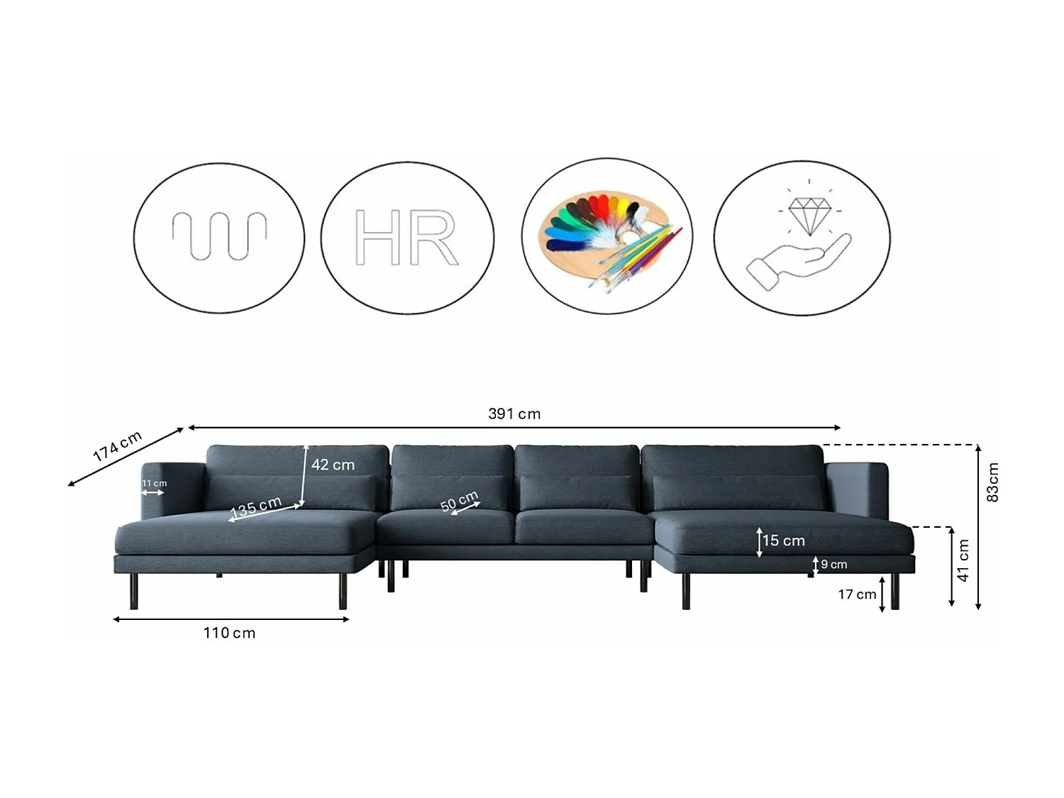 Canapé d'angle en U DANI en tissu Verita, bleu marine