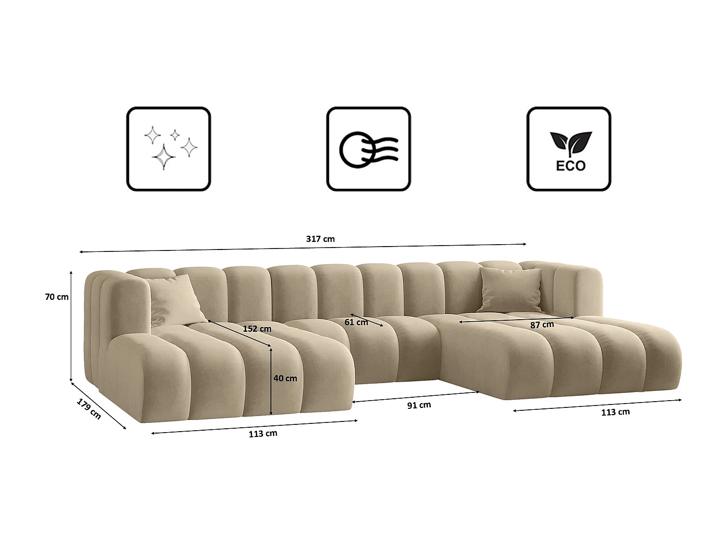 Canapé d'angle U-de Sofa Grand Modular tissu Salvador Beige