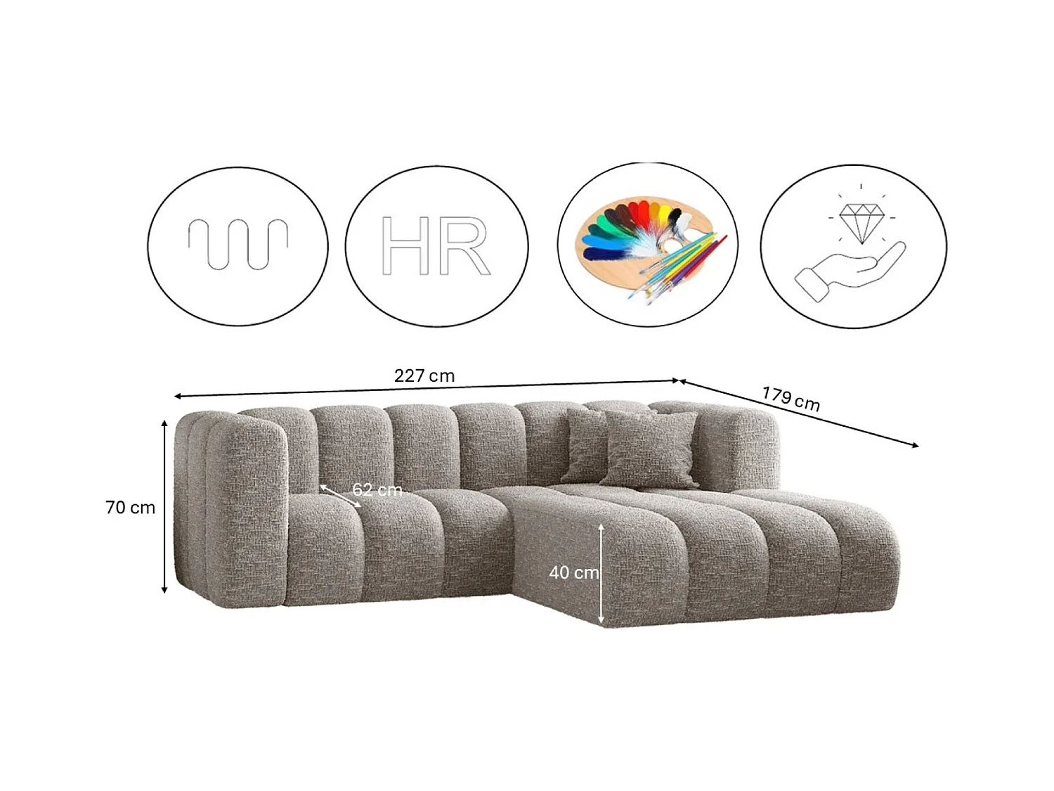 Canapé d'angle, canapé en L Grand modulable tissu Haga Gris Clair Droite