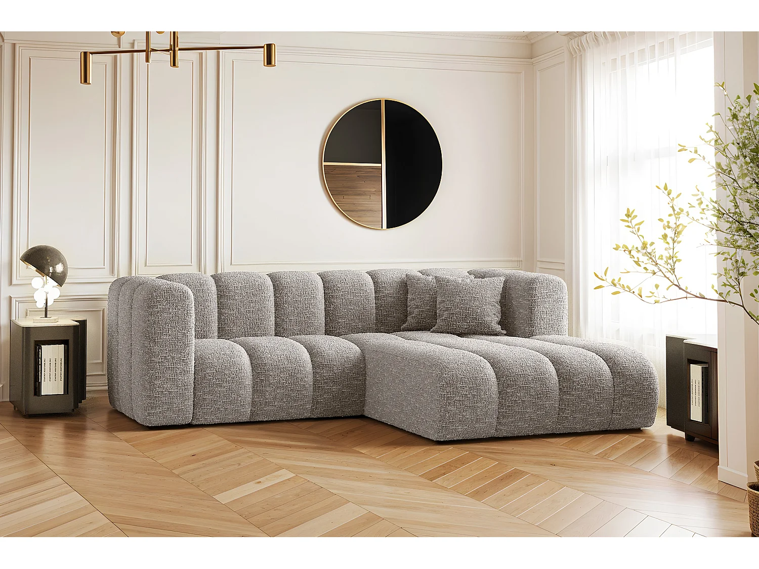 Canapé d'angle, canapé en L Grand modulable tissu Haga Gris Clair Droite