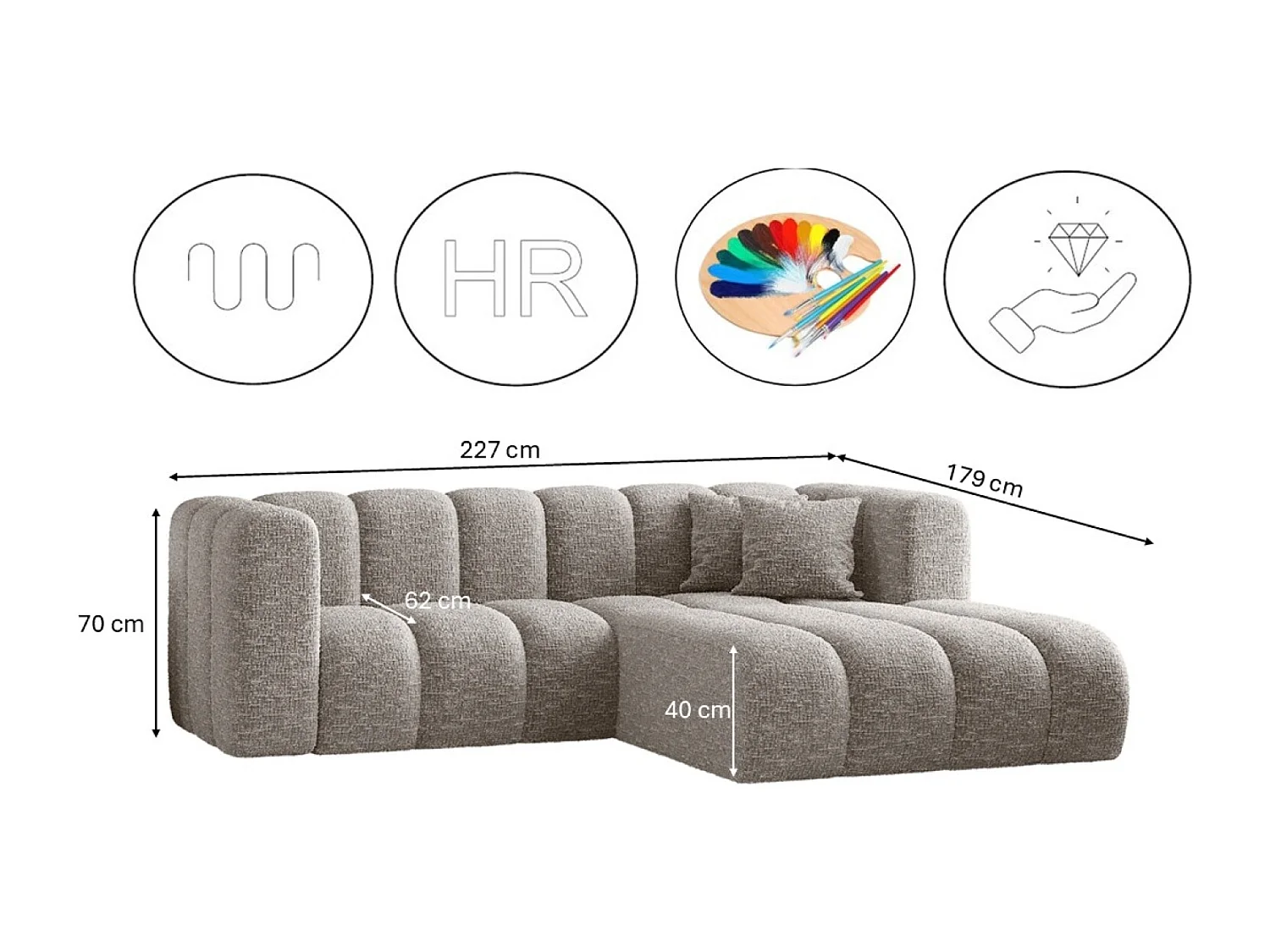 Canapé d'angle, canapé en L Grand modulable tissu Haga Gris Clair Droite