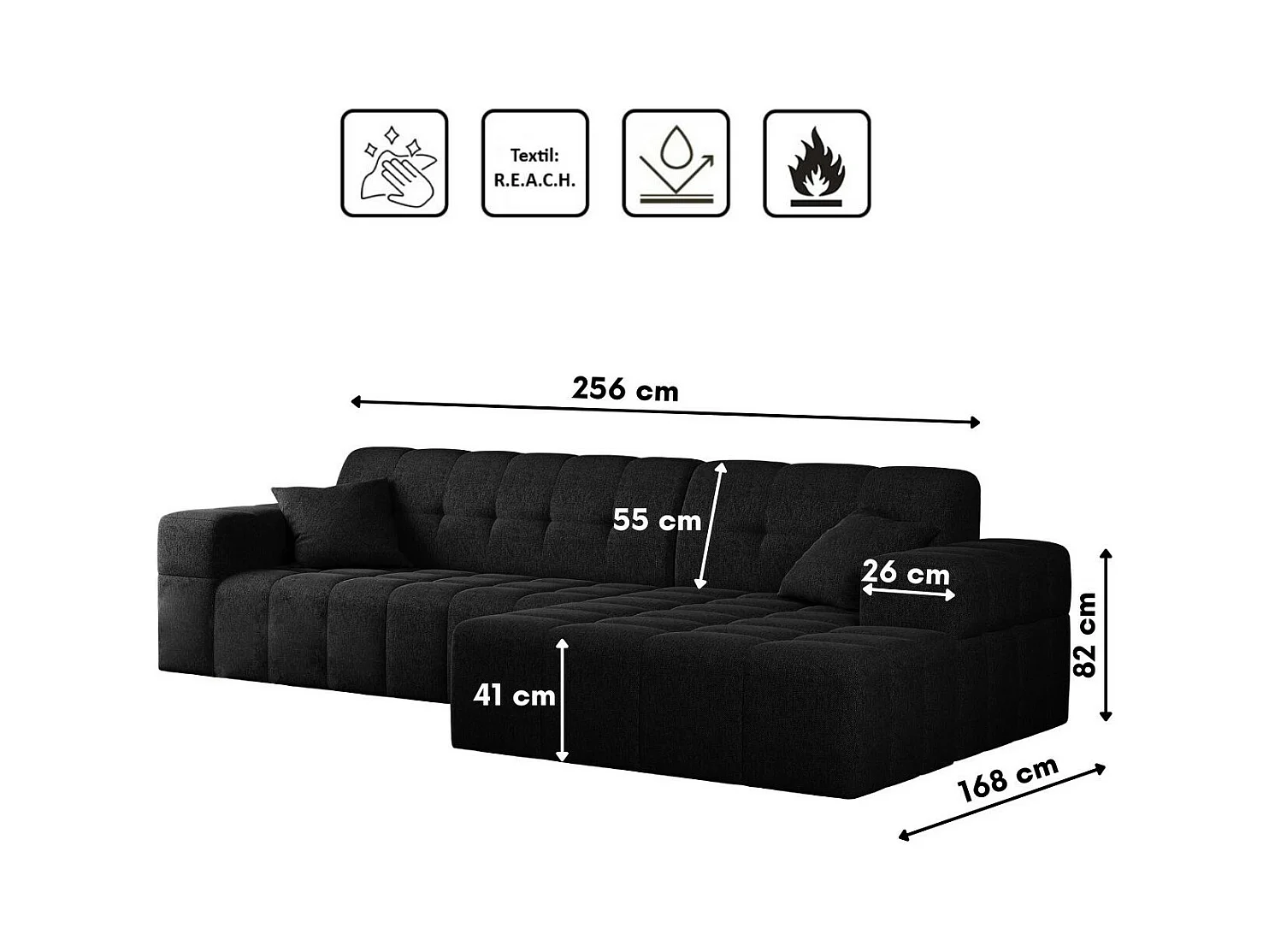 Ecksofa Eckouch Wohnzimmer NIMES Stoff Verita Schwarz Rechts