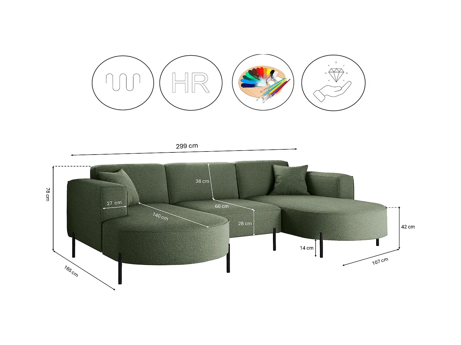 Canapé d'angle, Canapé Designer Modena U Pure tissu Quelle Green