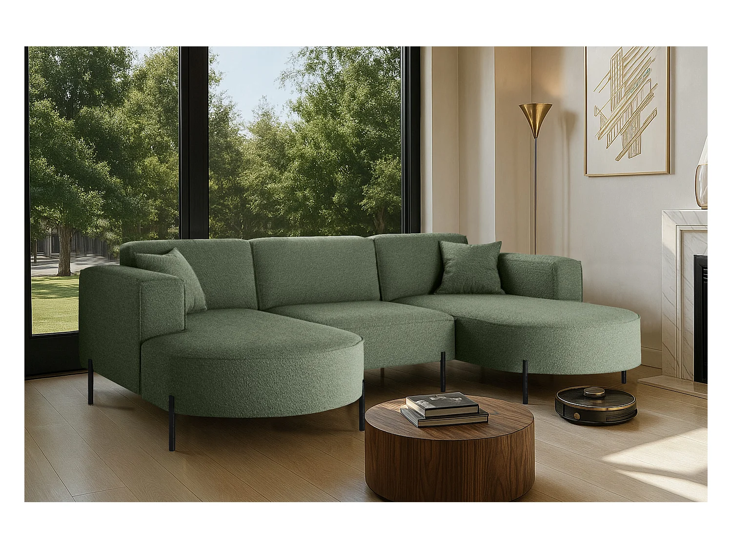 Ecksofa, Sofa Designer Modena U Rein stoff Quelle Grün