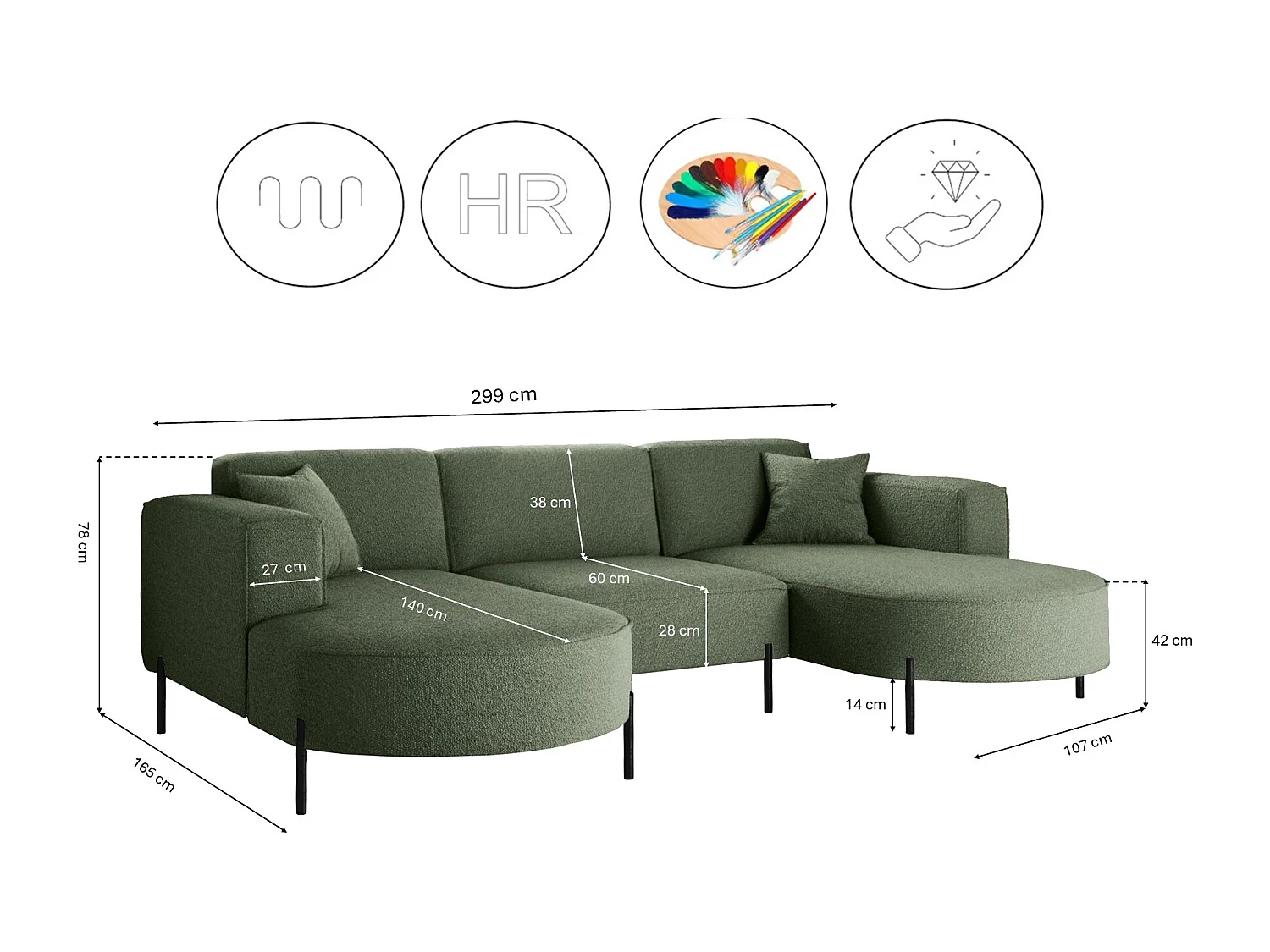 Canapé d'angle, Canapé Designer Modena U Pure tissu Quelle Green