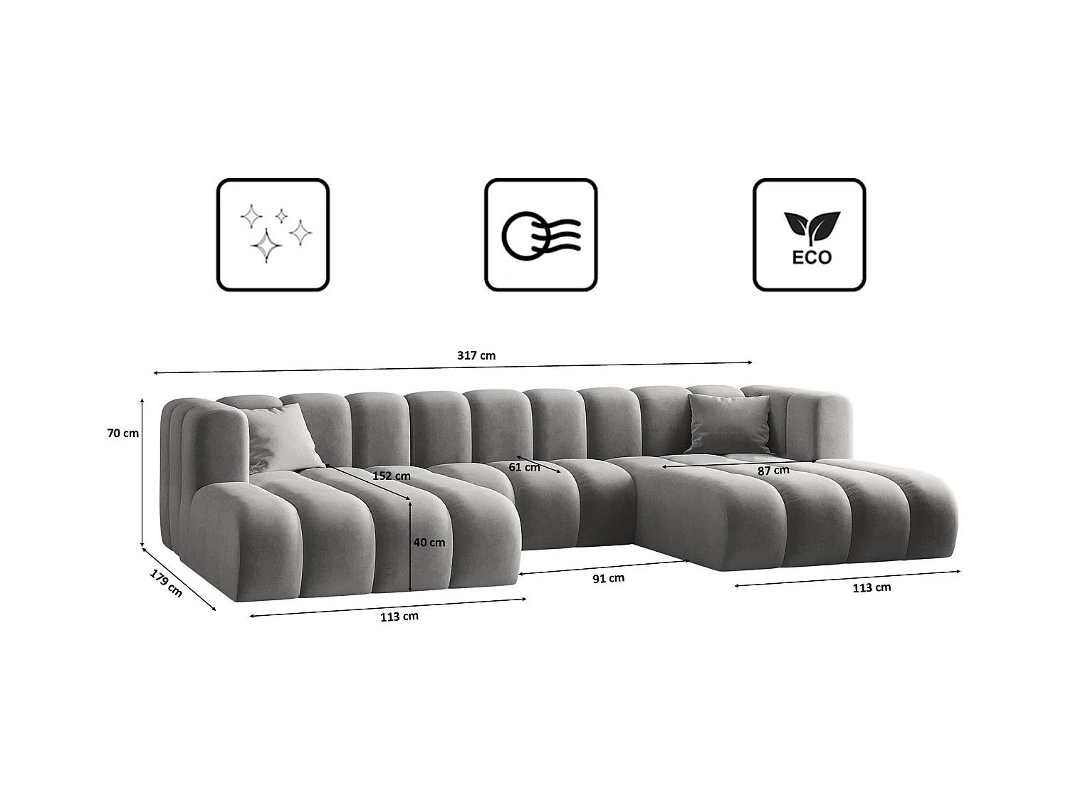 Canapé d'angle U-de Sofa Grand Modular tissu Salvador Grey