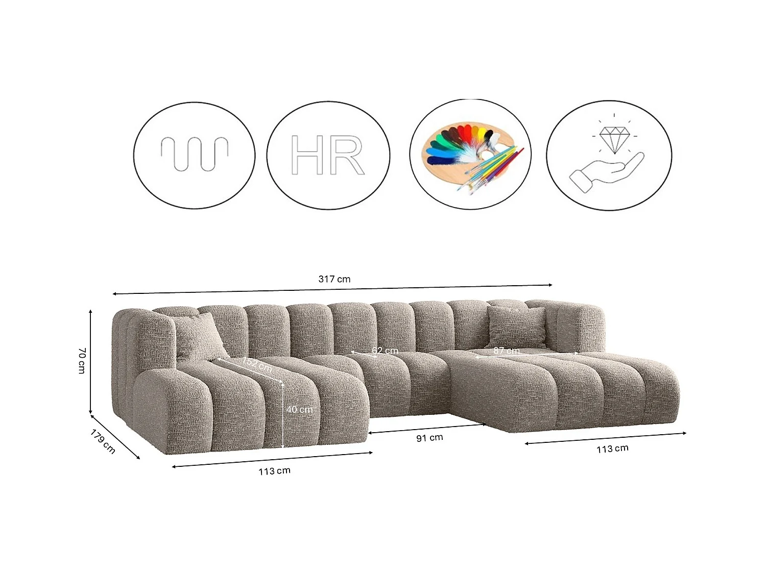 Ecksofa, U-form Sofa Grand modular stoff Haga Hellgrau