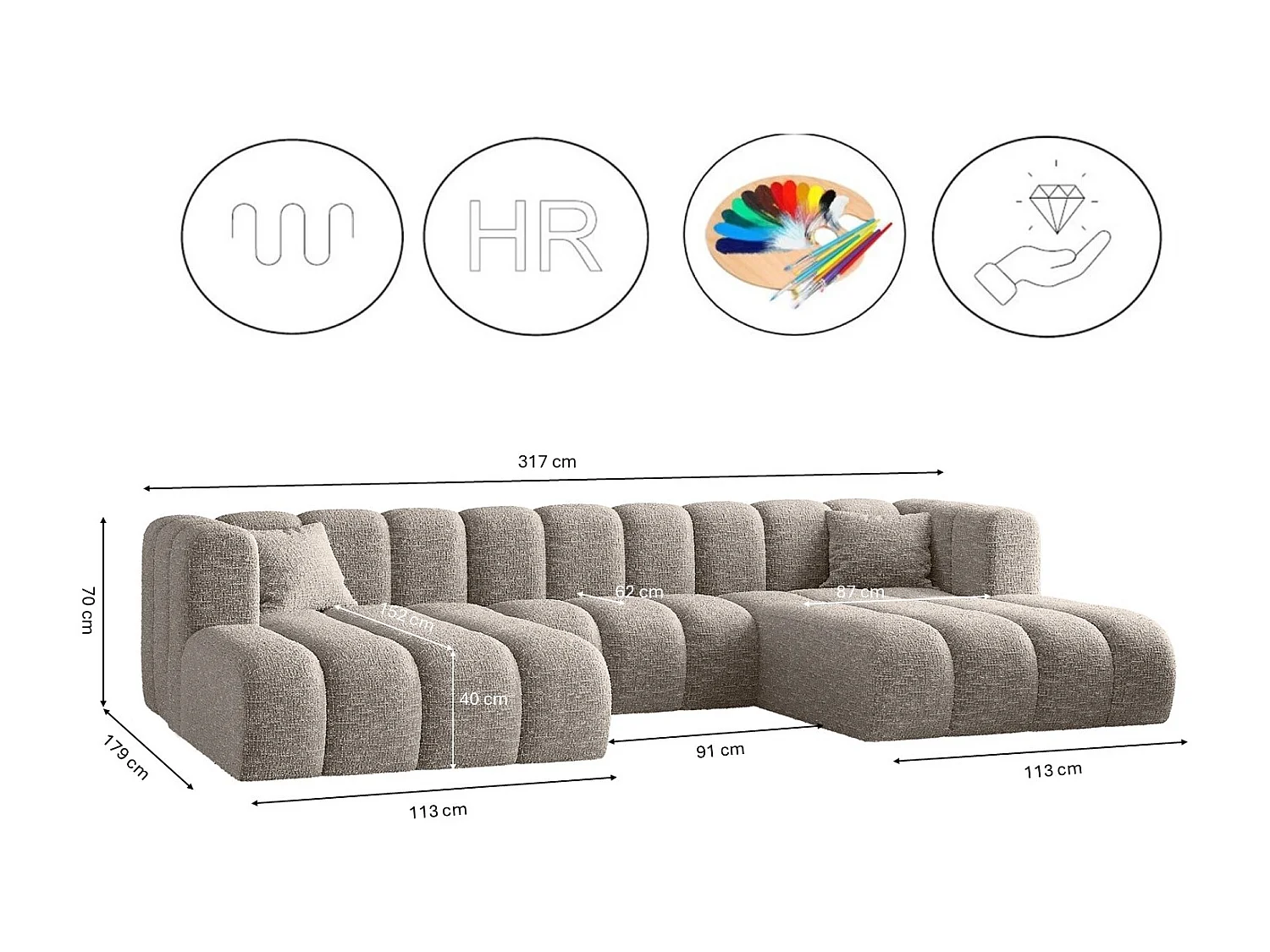 Ecksofa, U-form Sofa Grand modular stoff Haga Hellgrau