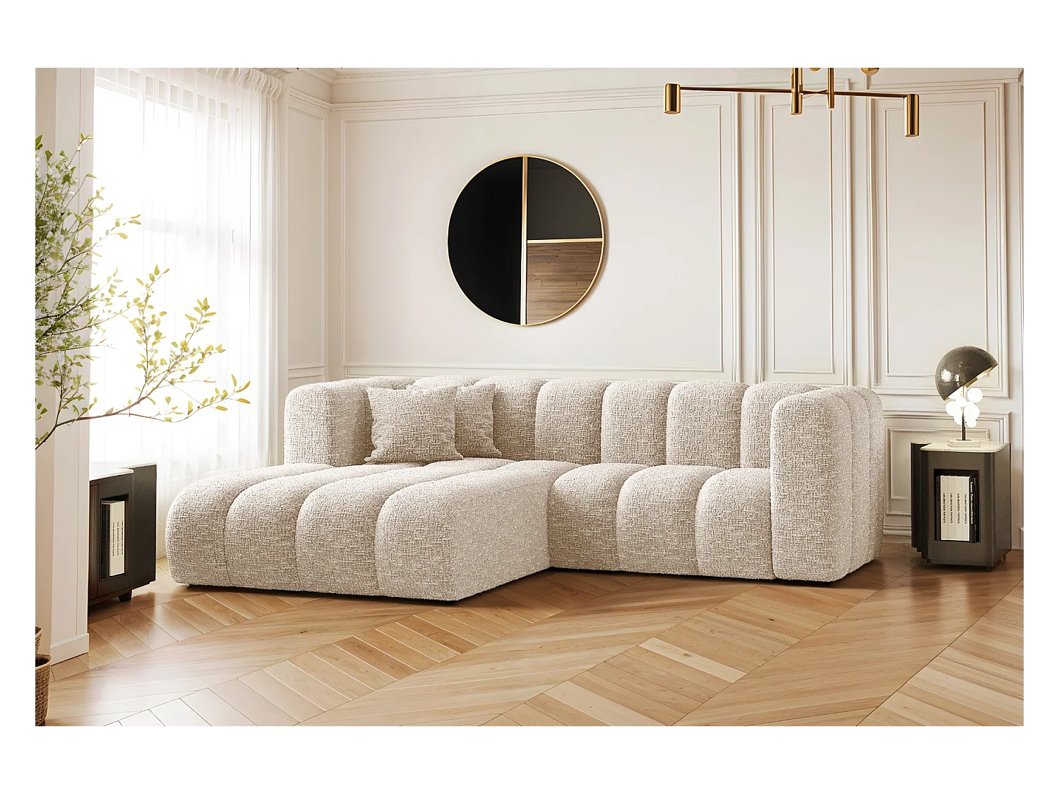 Canapé d'angle, canapé en L Grand modulable tissu Haga Ecru Gauche