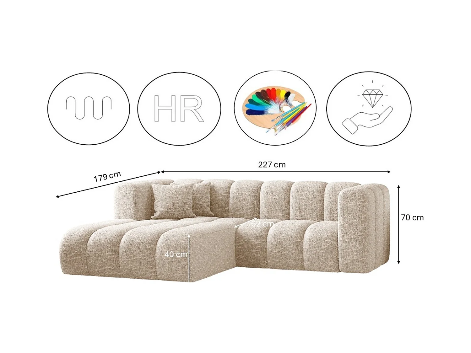 Canapé d'angle, canapé en L Grand modulable tissu Haga Ecru Gauche