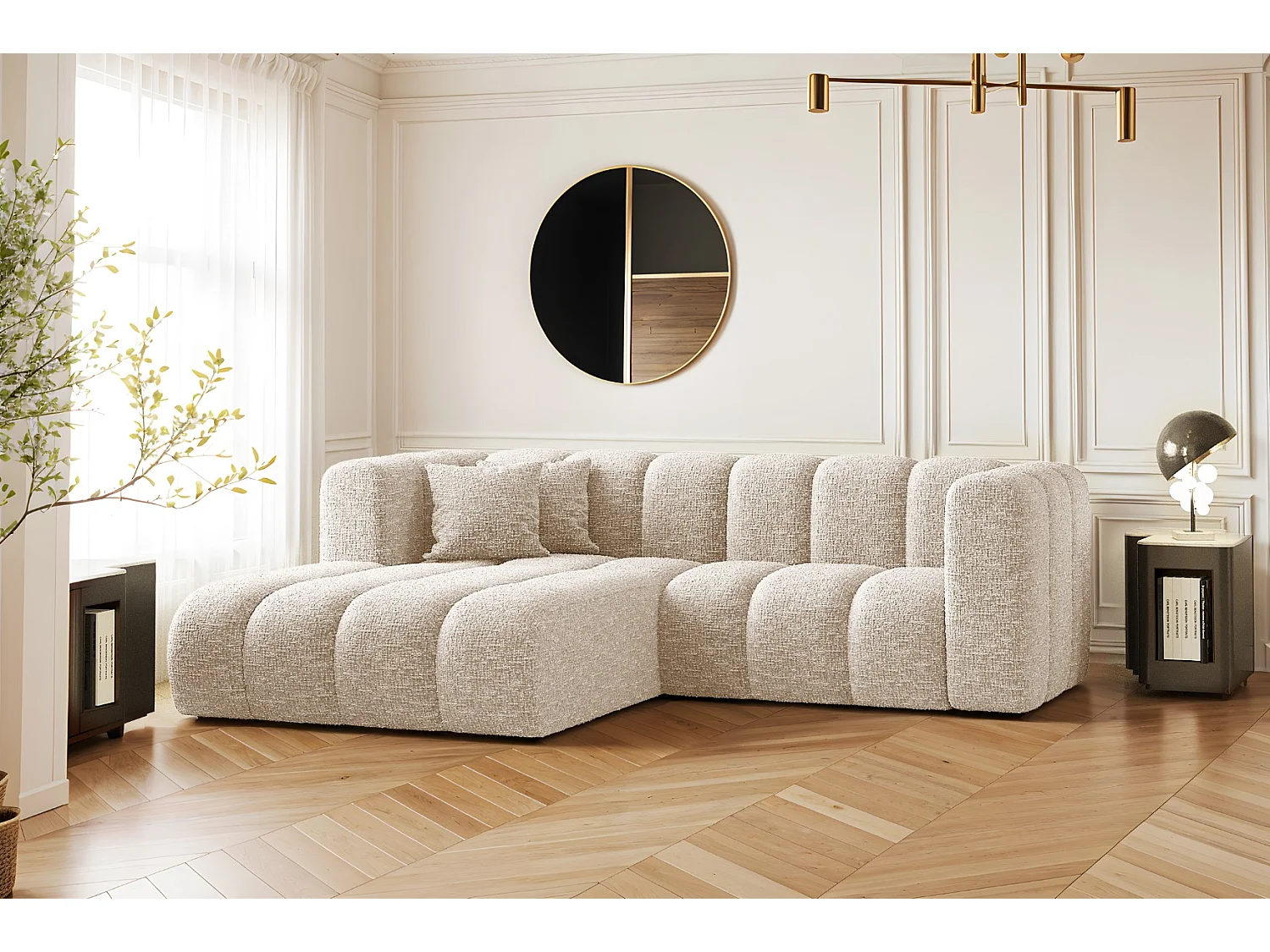 Canapé d'angle, canapé en L Grand modulable tissu Haga Ecru Gauche