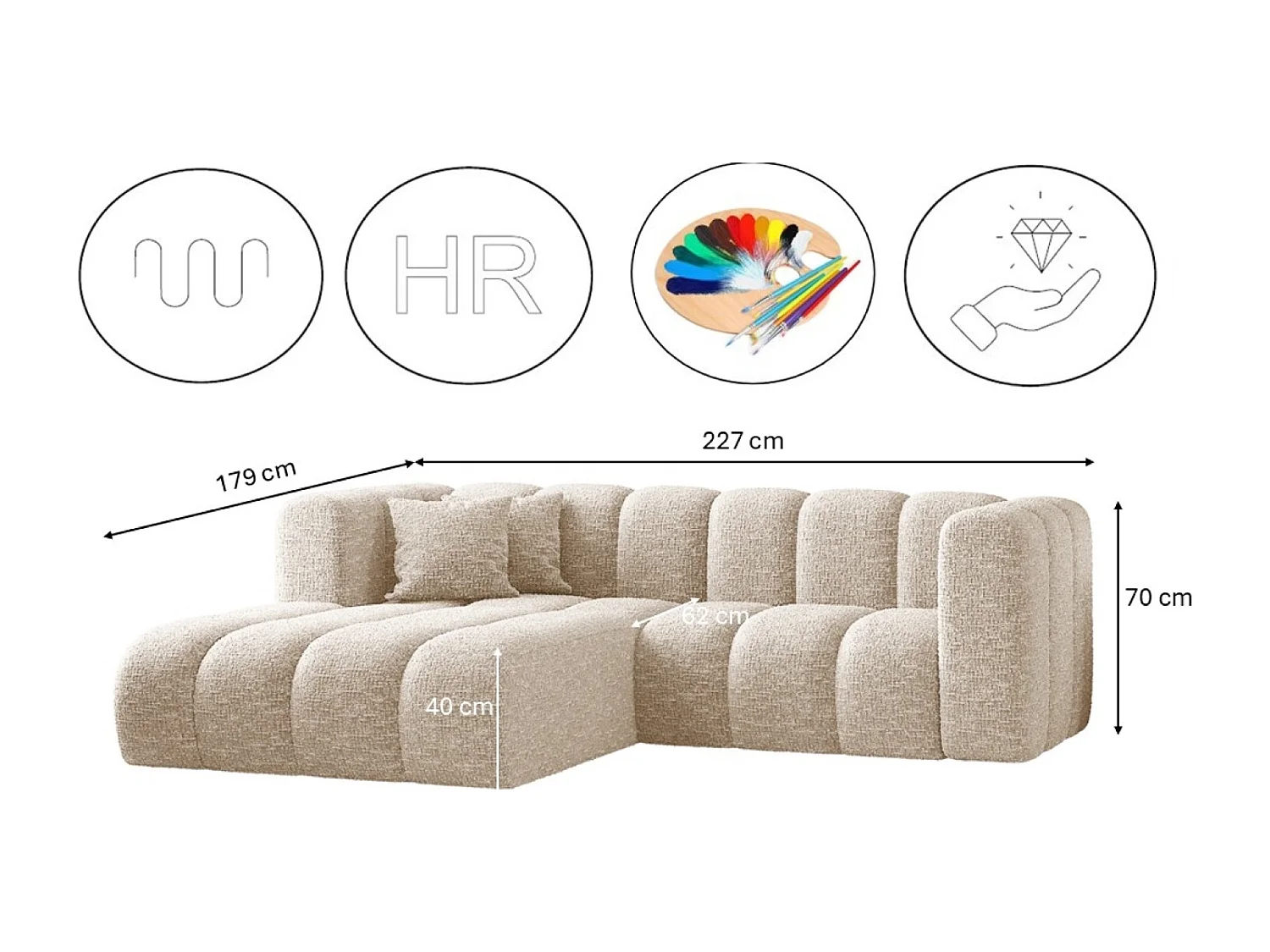 Canapé d'angle, canapé en L Grand modulable tissu Haga Ecru Gauche