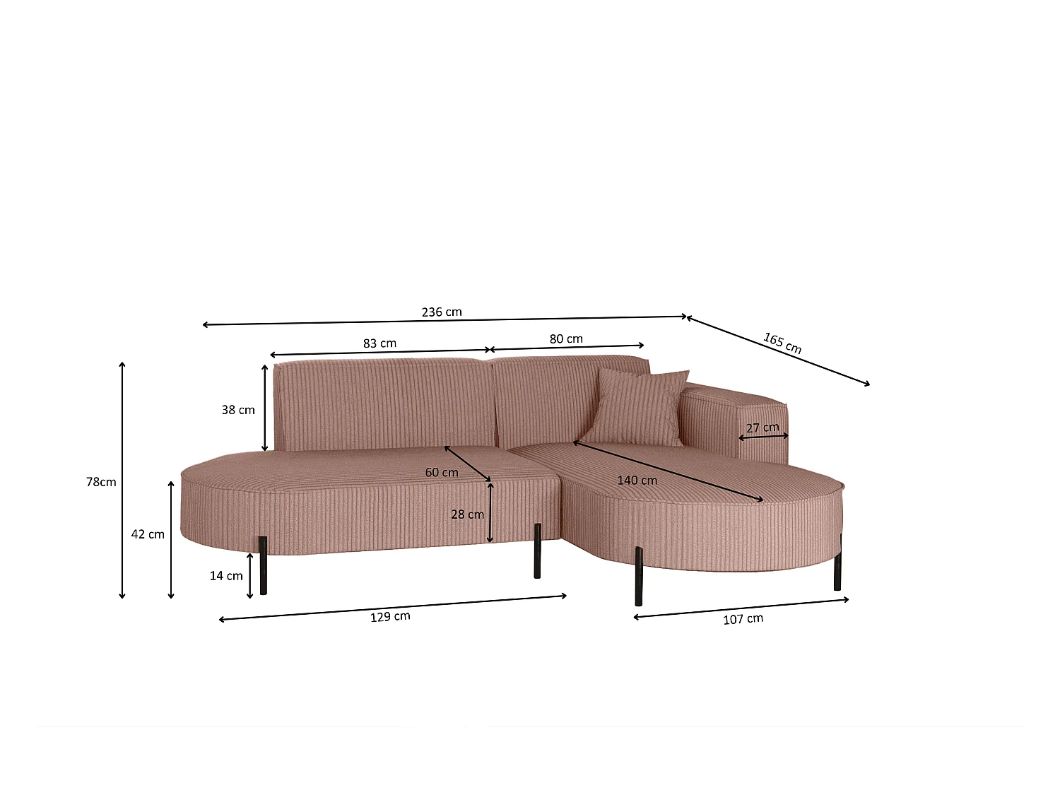 Canapé d'angle, canapé en L, designer Modena, tissu pur, Poso Rosa, droite